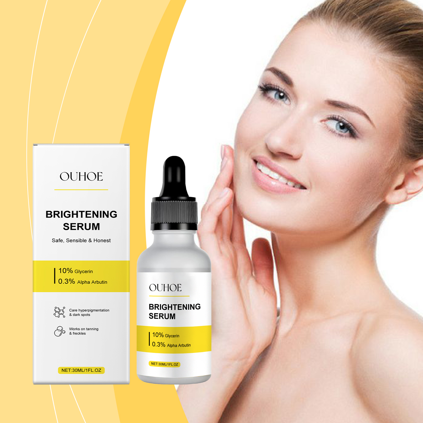 Woman touching cheek beside brightening serum product
