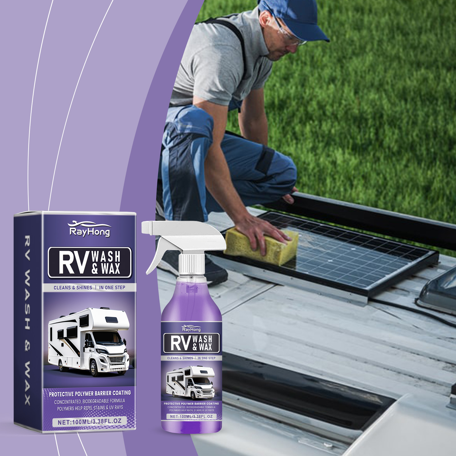 Person wiping an RV roof during exterior maintenance