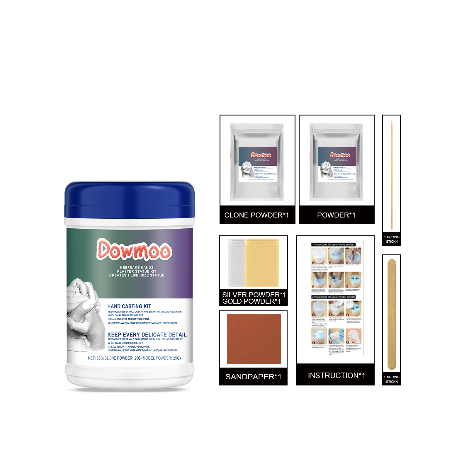 Hand casting powders tools sandpaper and instruction sheet