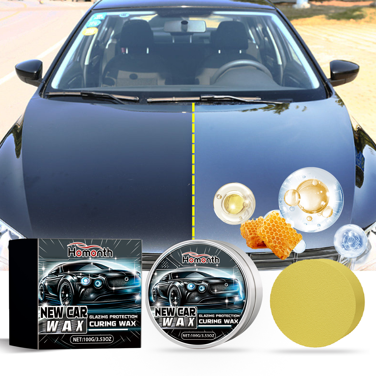 Treated car hood with darker glossy reflection
