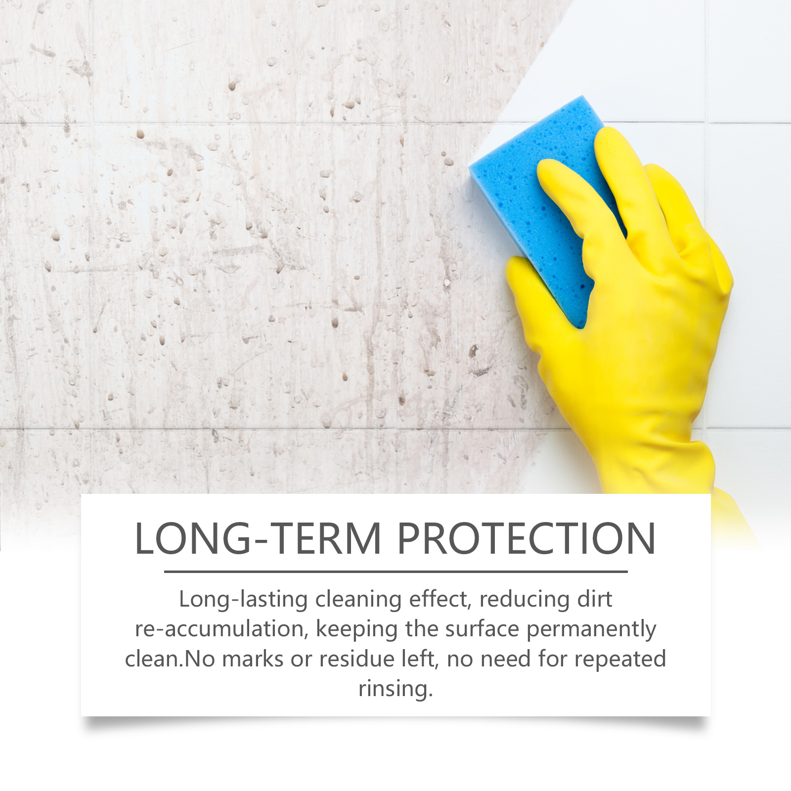 Gloved hand wiping tiled wall with blue sponge