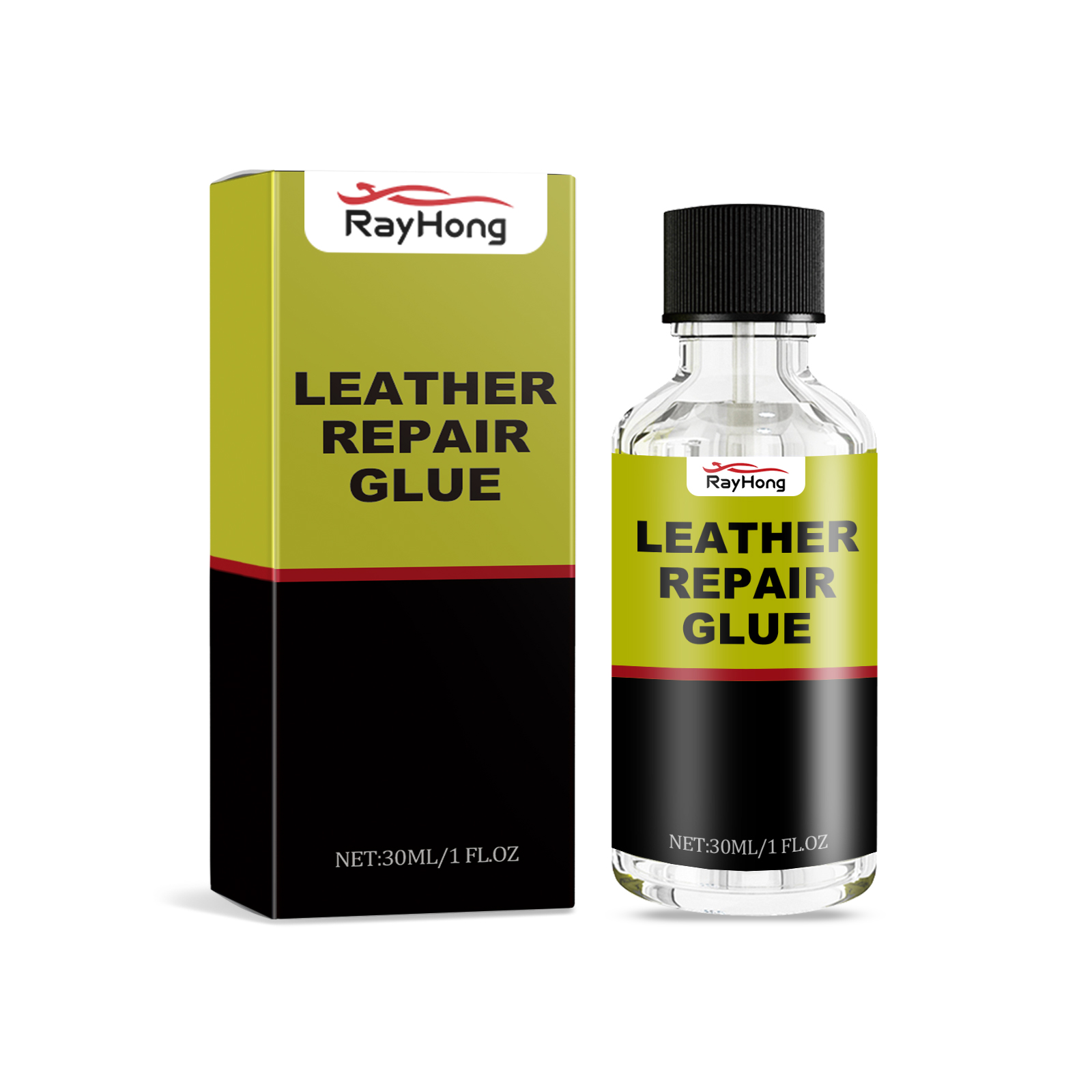 Clear leather repair glue bottle with black screw cap