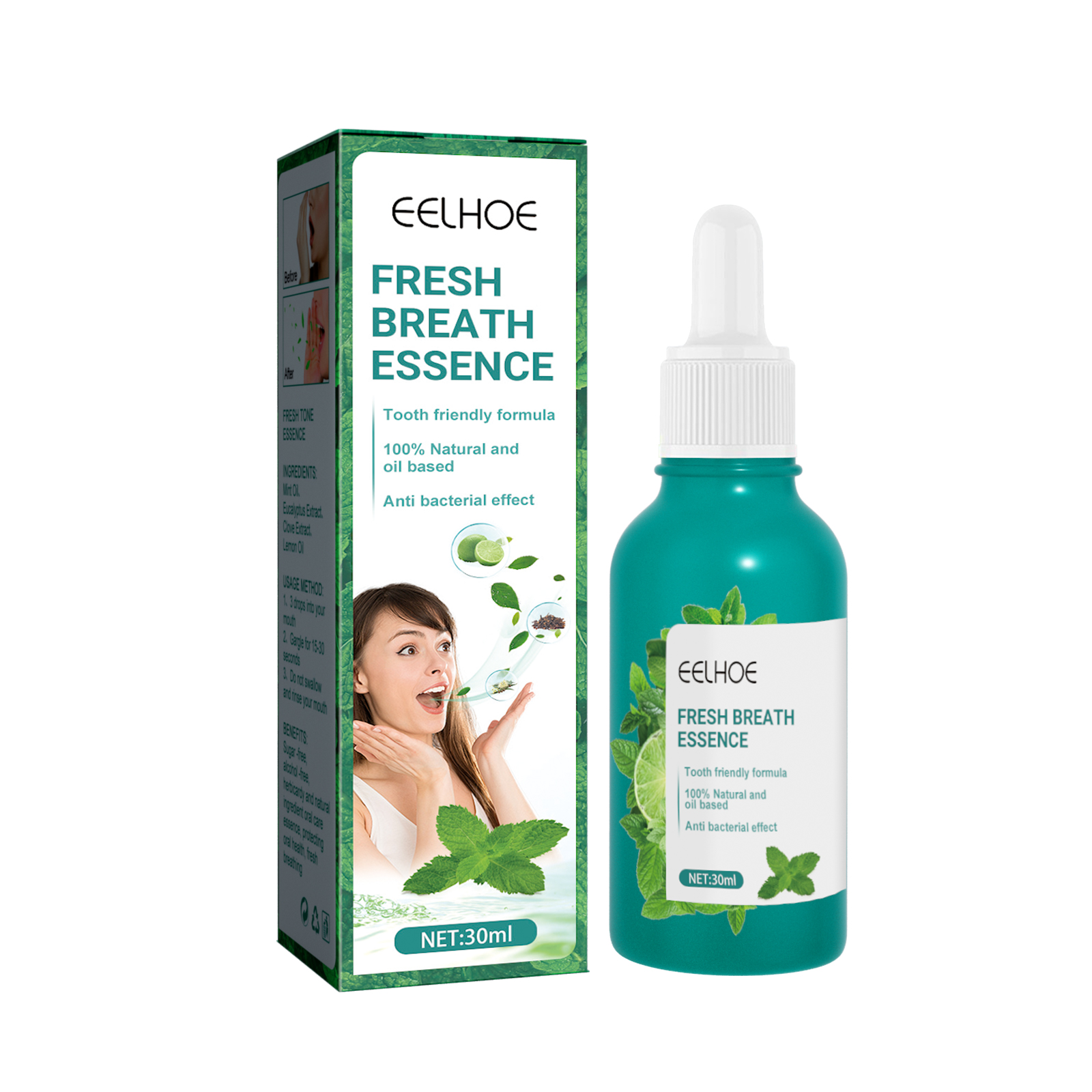 Mint-themed teal essence bottle and botanical retail box