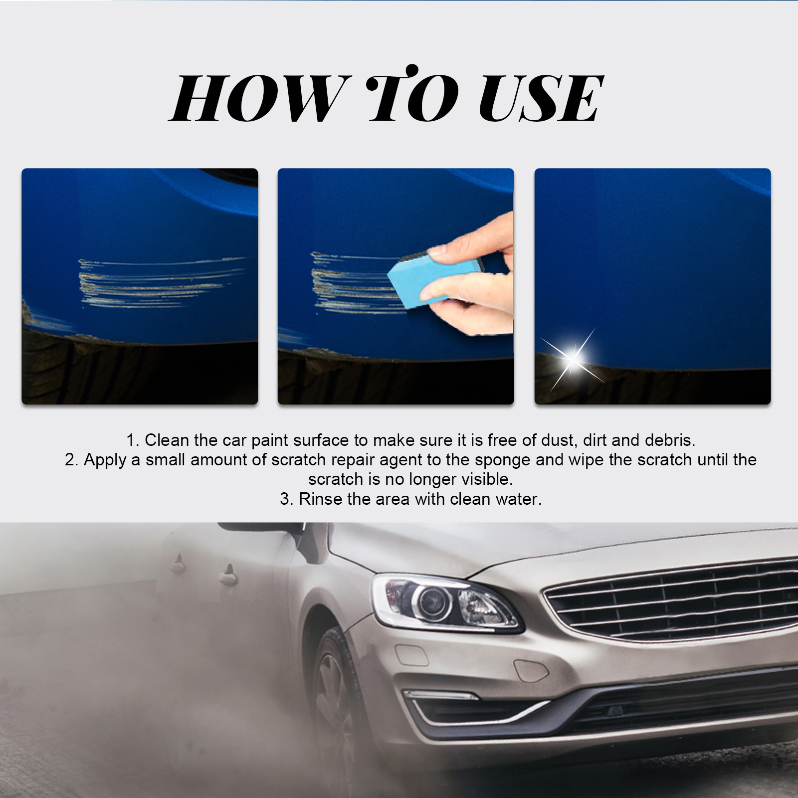 Sponge applying cream to scratched blue car paint