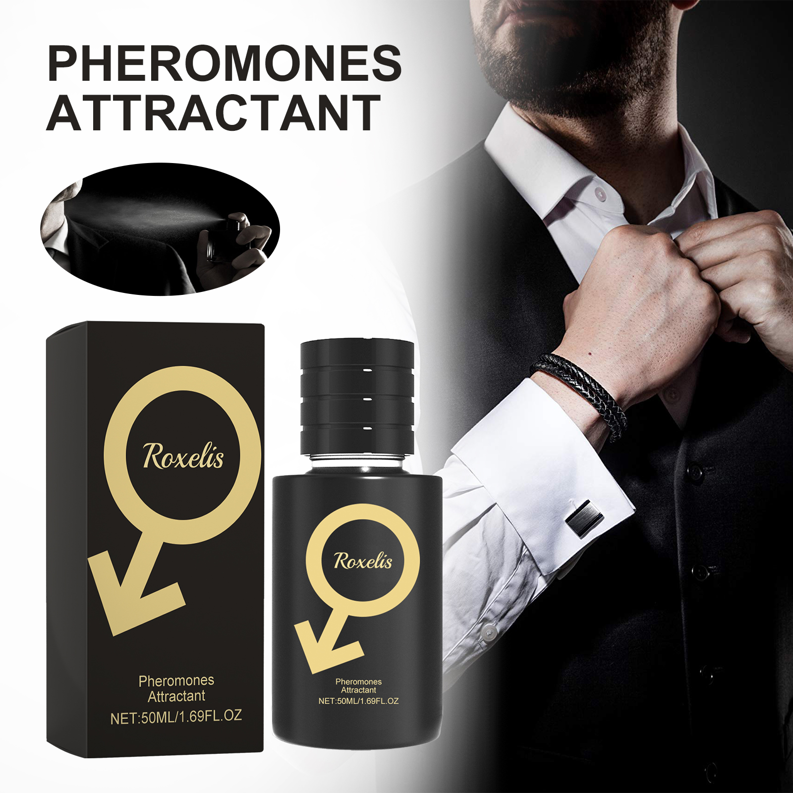 Man wearing formal clothes beside romantic occasion fragrance