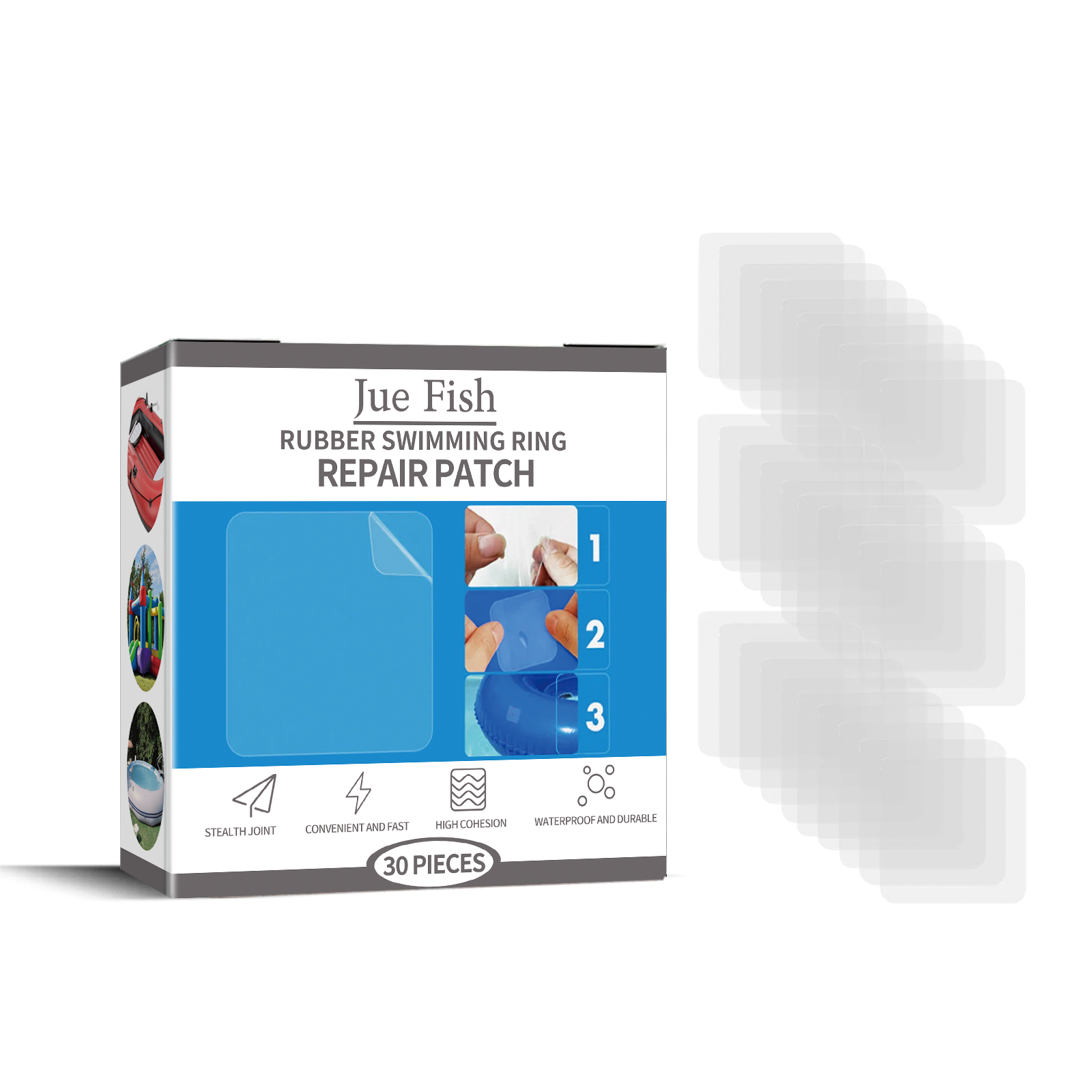 JUE FISH box with adhesive patches shown clearly