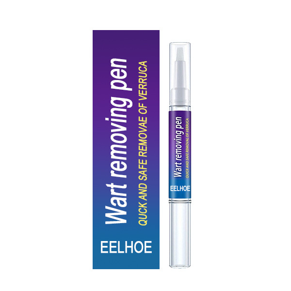 Compact purple blue wart pen beside branded packaging
