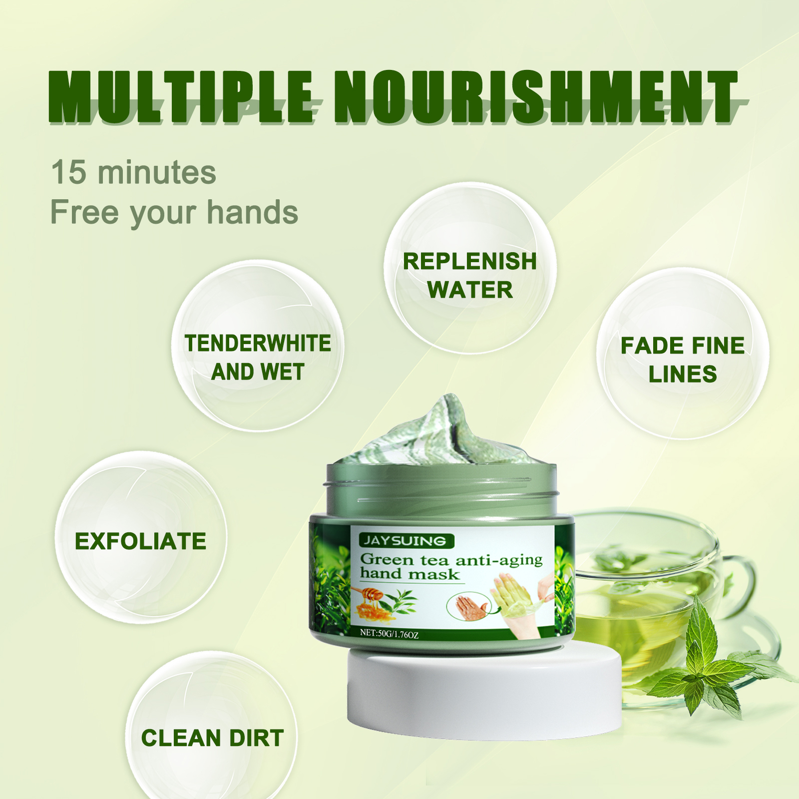 Green tea hand mask jar with illustrated skincare packaging