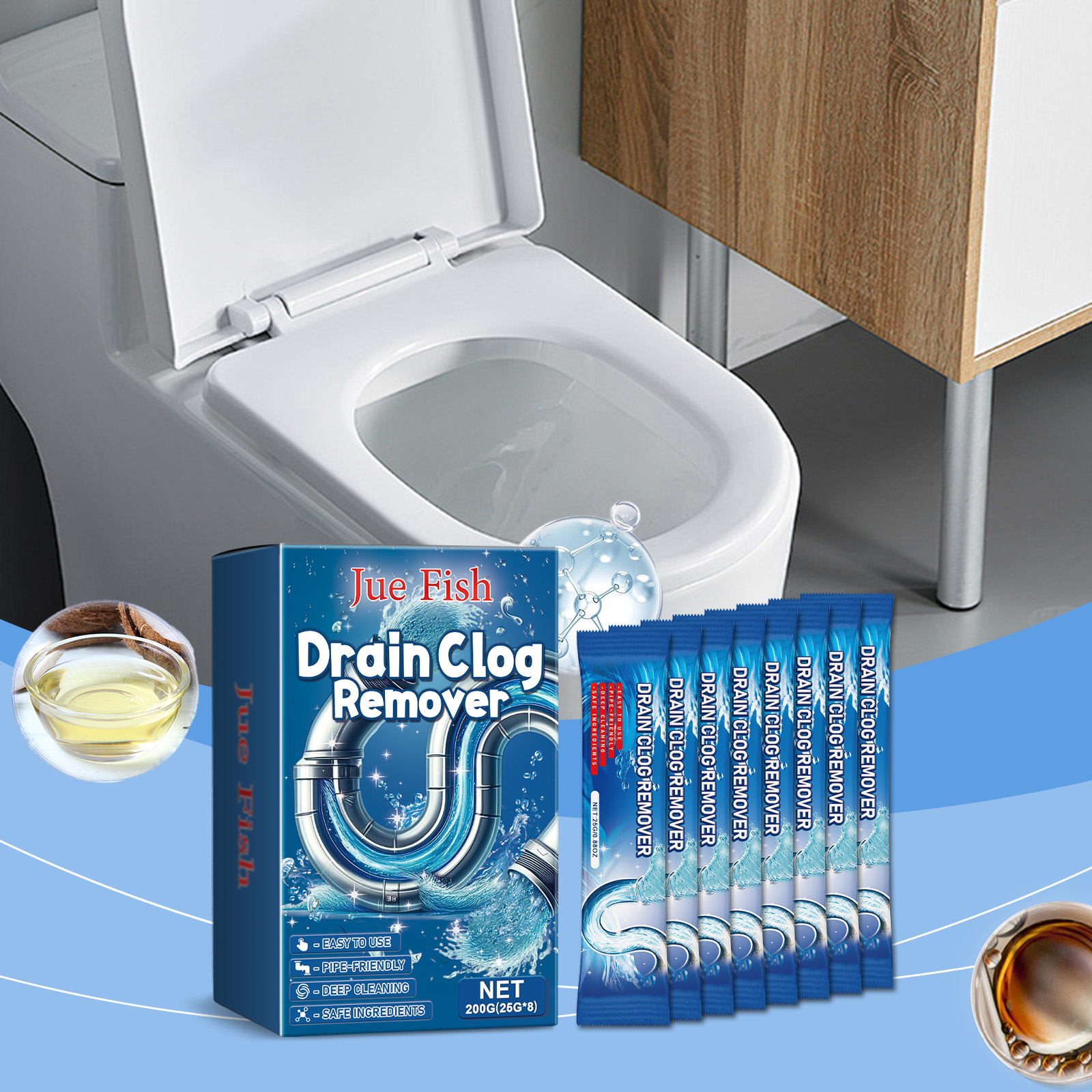 Drain treatment positioned beside toilet bowl