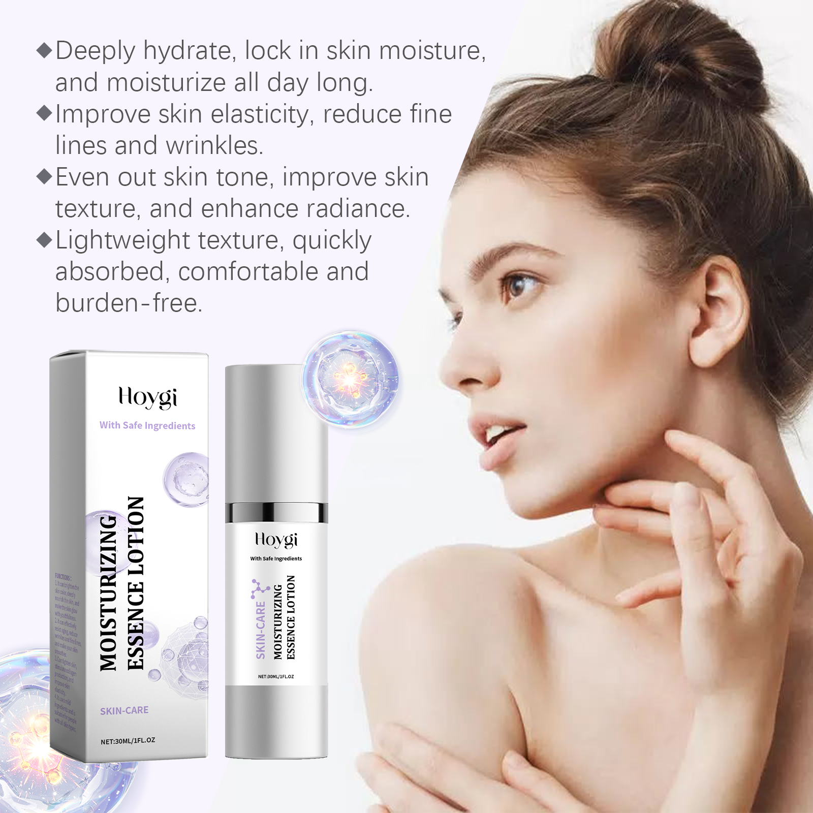 Essence bottle with lavender label and hydration benefit panel
