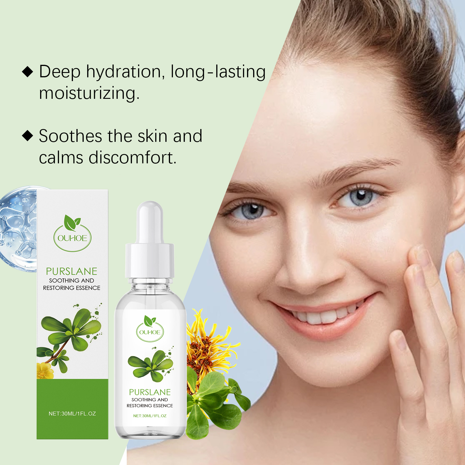 Hydrating purslane serum beside woman touching cheek