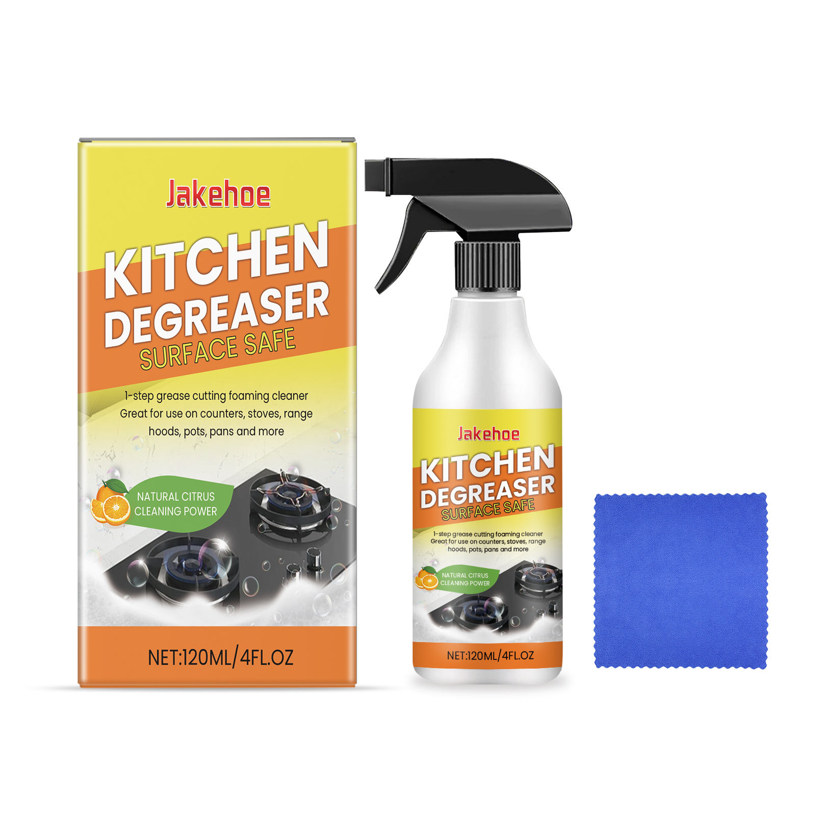 Compact kitchen degreaser bottle with surface-safe label