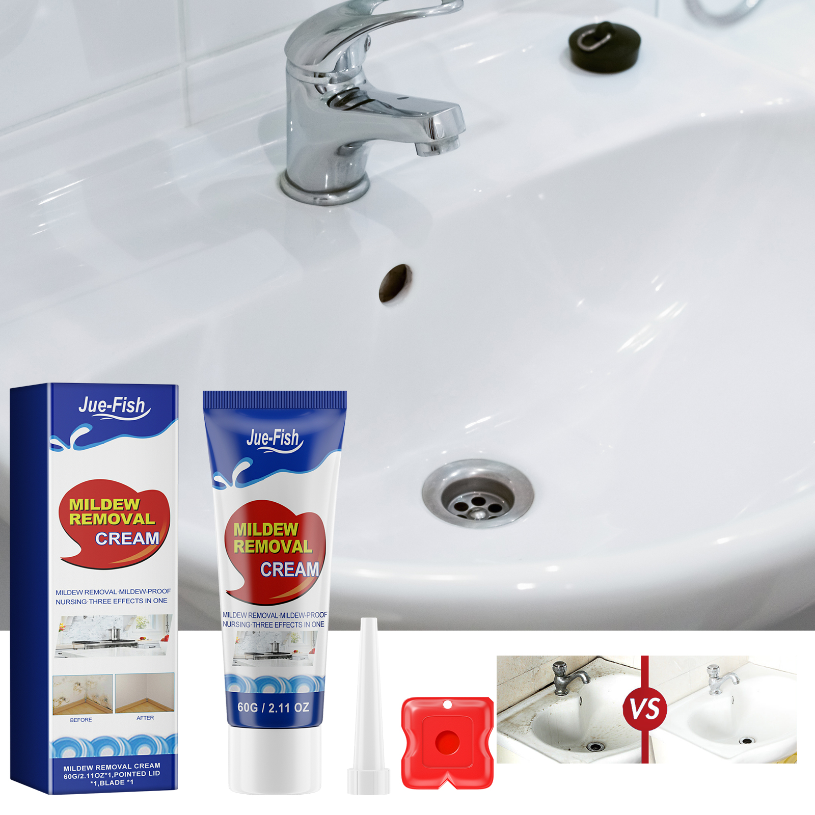 Mildew cream arranged beside a white bathroom sink