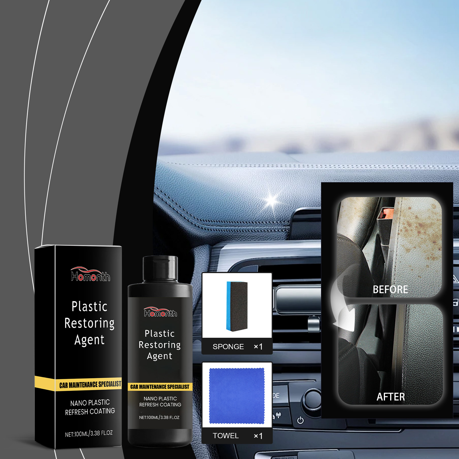 Automotive plastic surface before and after restoration