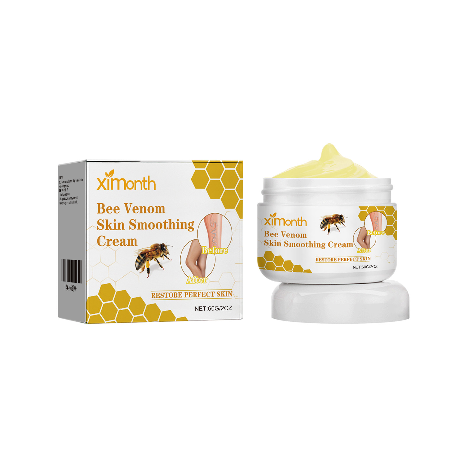 Open jar showing rich pale-yellow bee venom cream