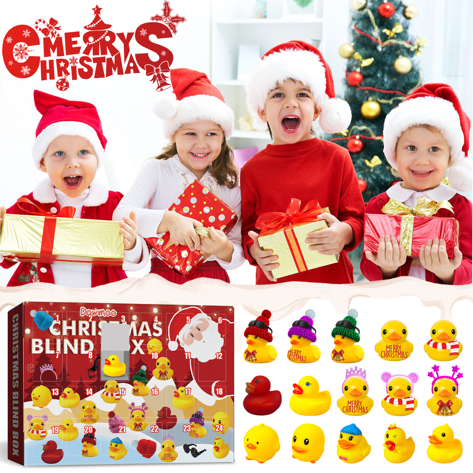 Duckling collectibles arranged in a Christmas setting