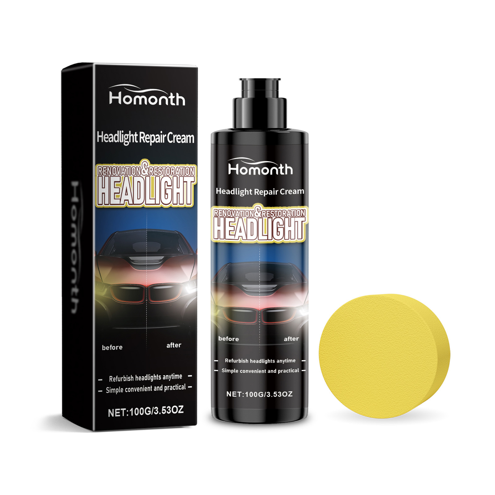 Black pump bottle with yellow headlight polishing pad