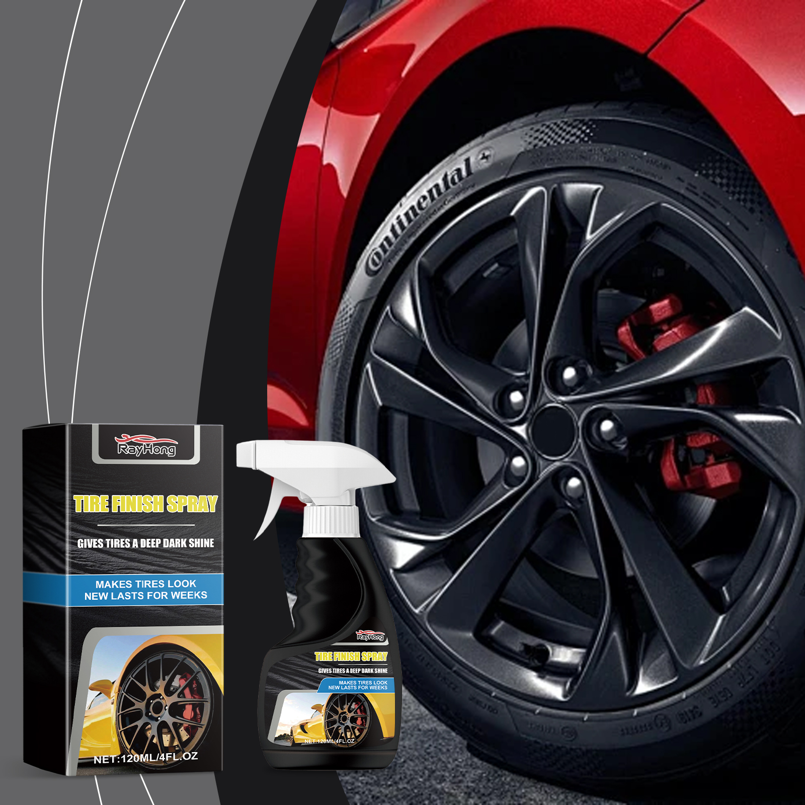 Glossy black tire and reflective alloy wheel after detailing
