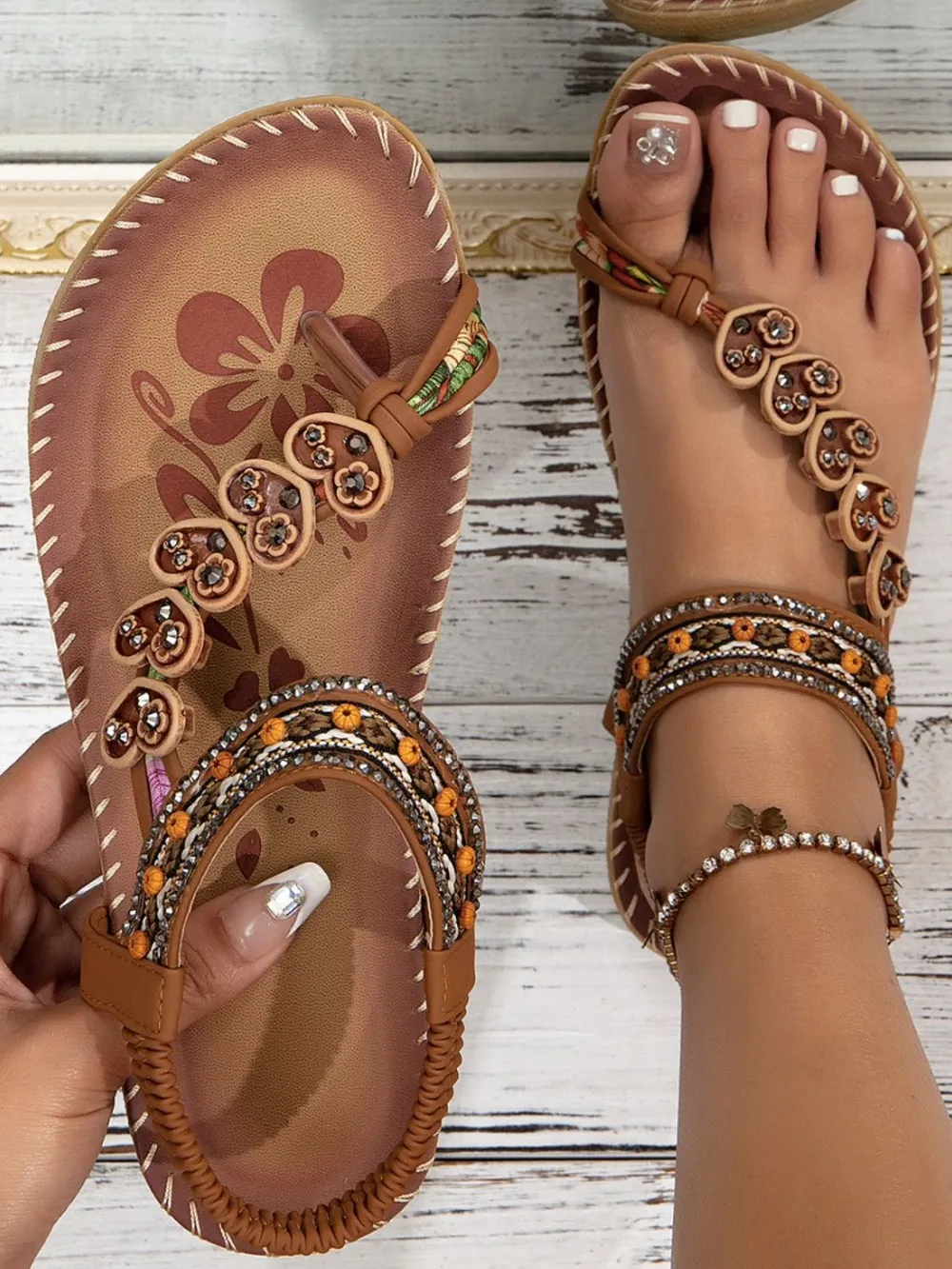 Western Asian ethnic style women's shoes summer beach flat sandals beaded diamond clip on shoes