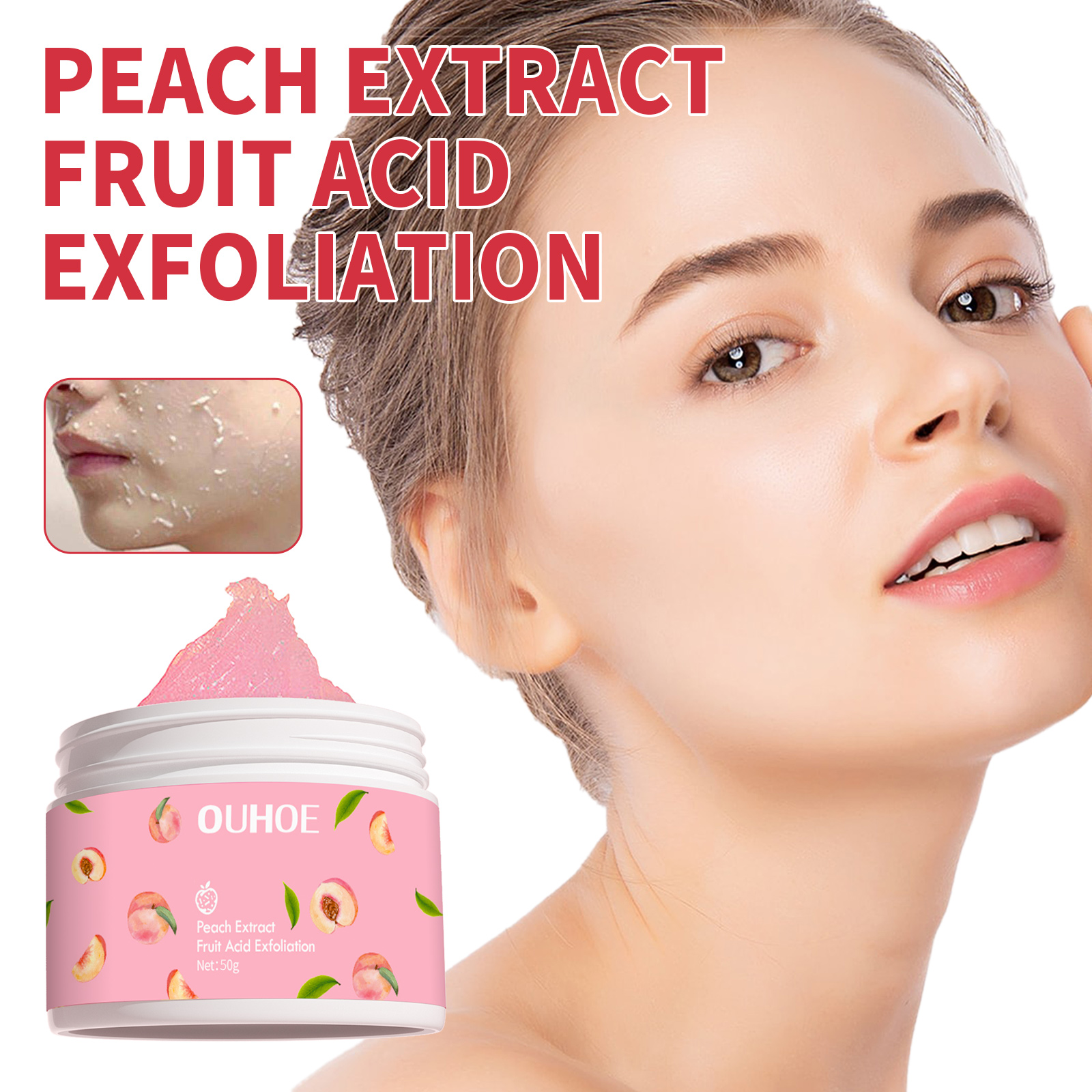 Compact OUHOE exfoliating cream jar beside woman's face