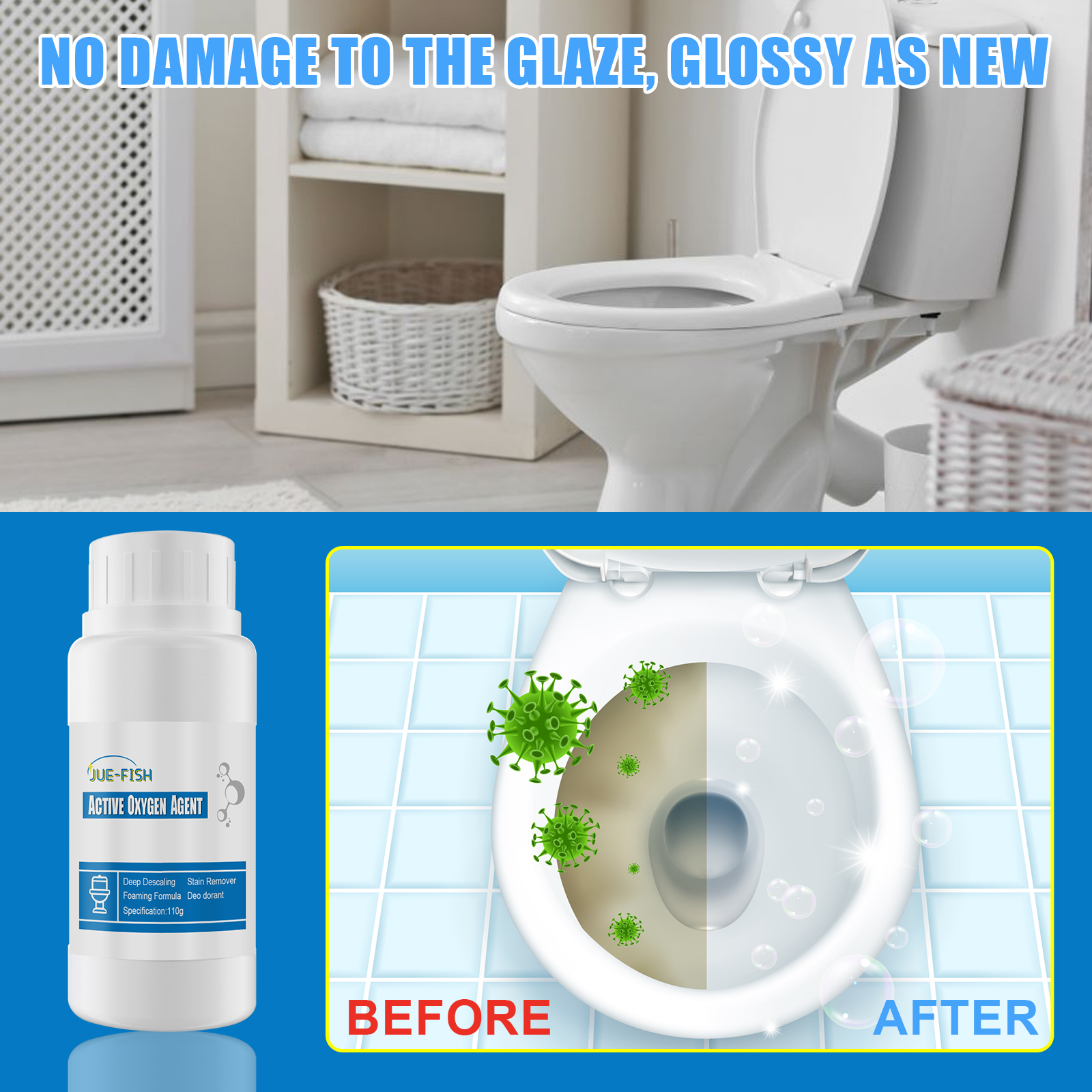 Foaming toilet bowl treatment before after comparison