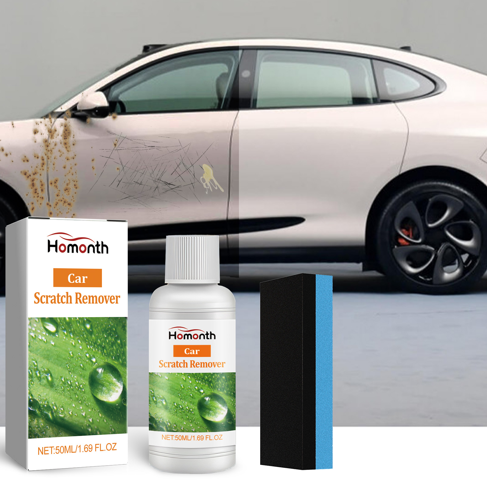 Scratch remover kit beside car panel during cleaning