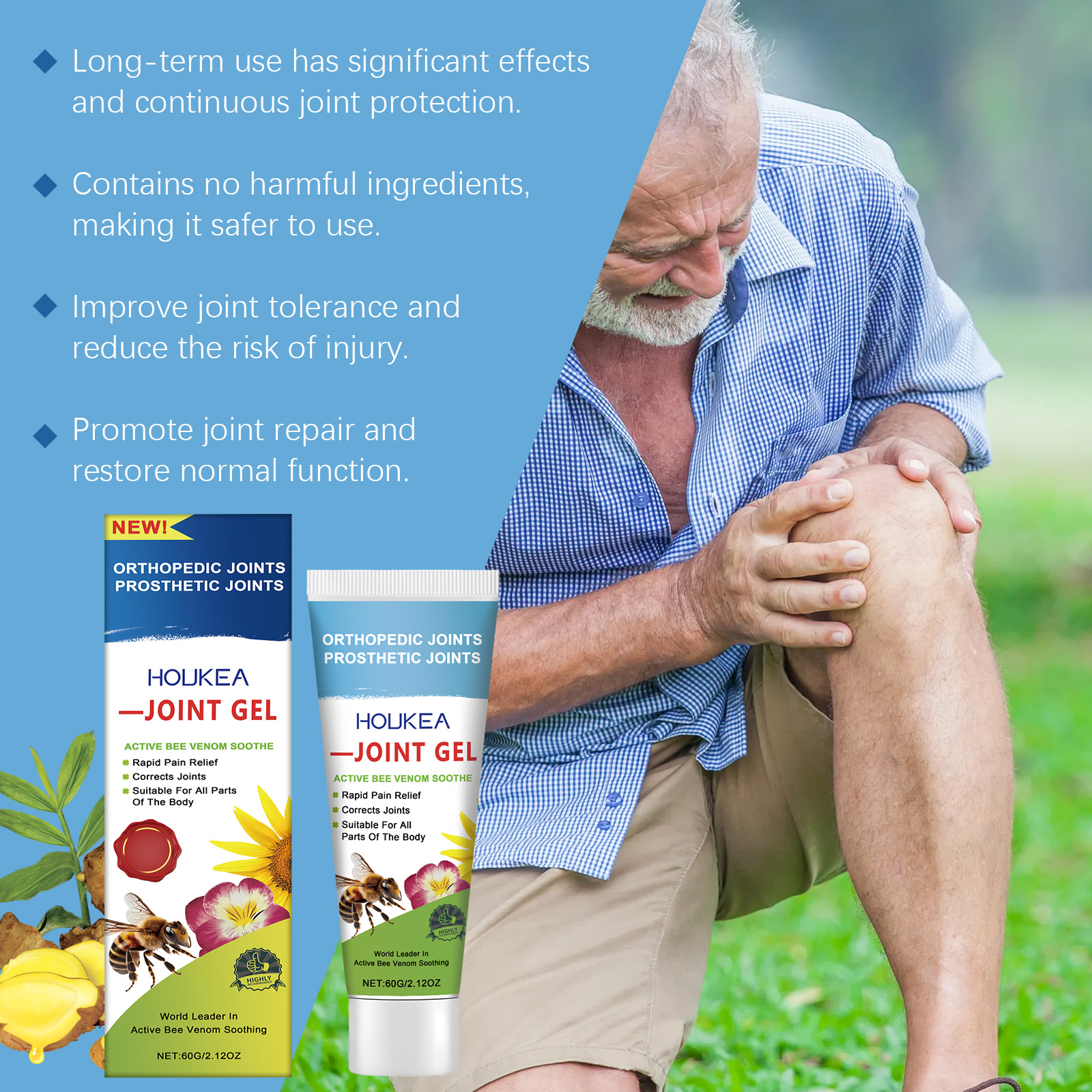 Joint gel packaging beside knee-care lifestyle scene