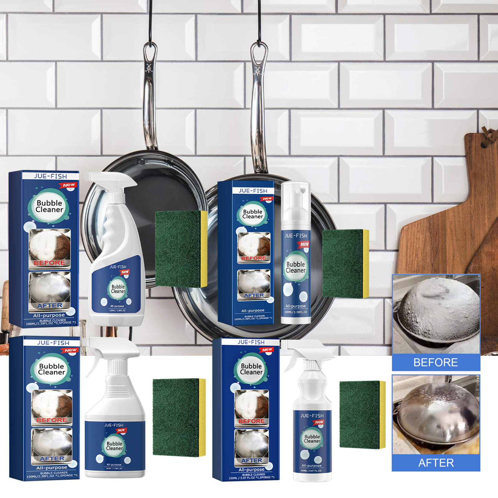 Cleaner bottles and sponges arranged beside kitchen cookware