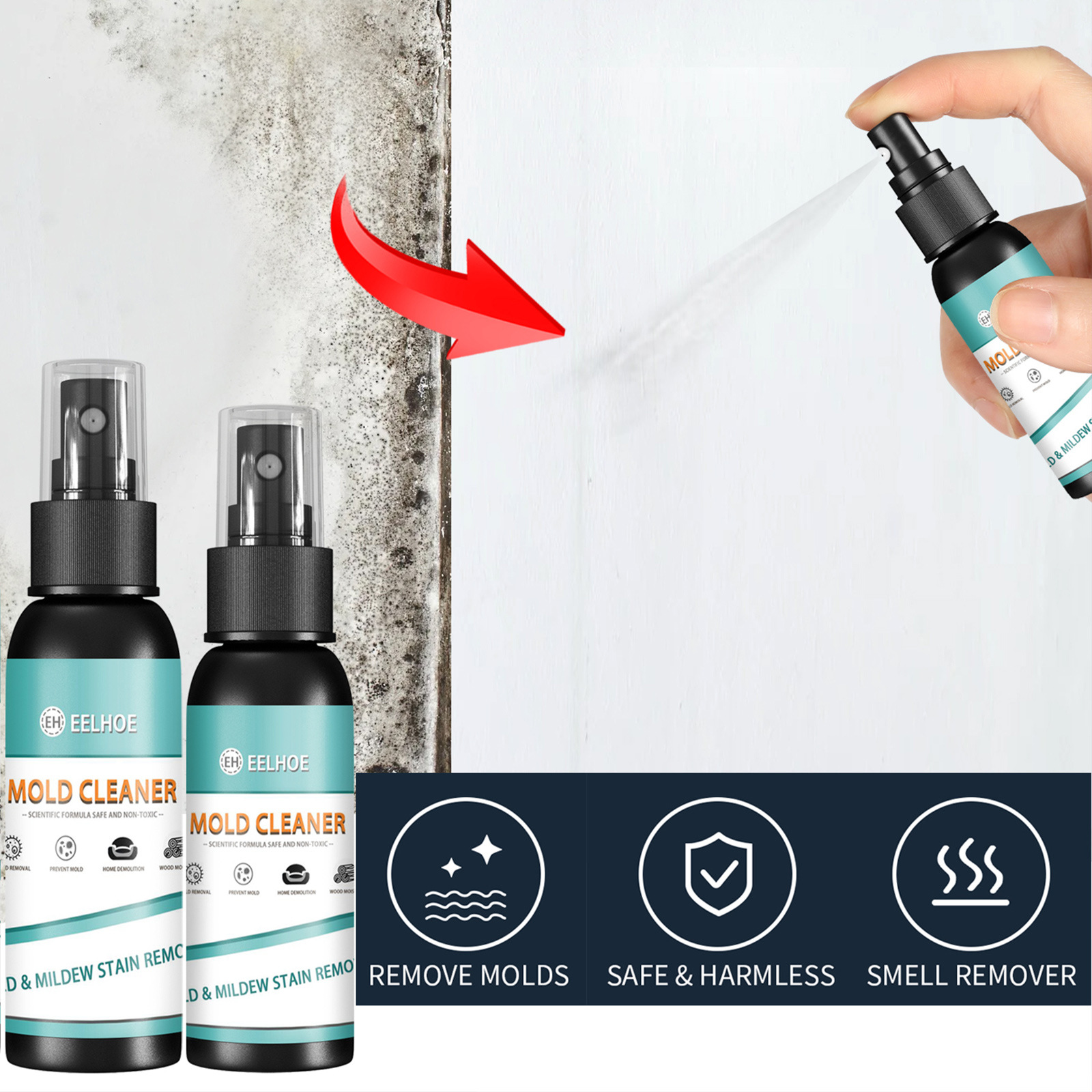 Hand using mildew remover spray on wall