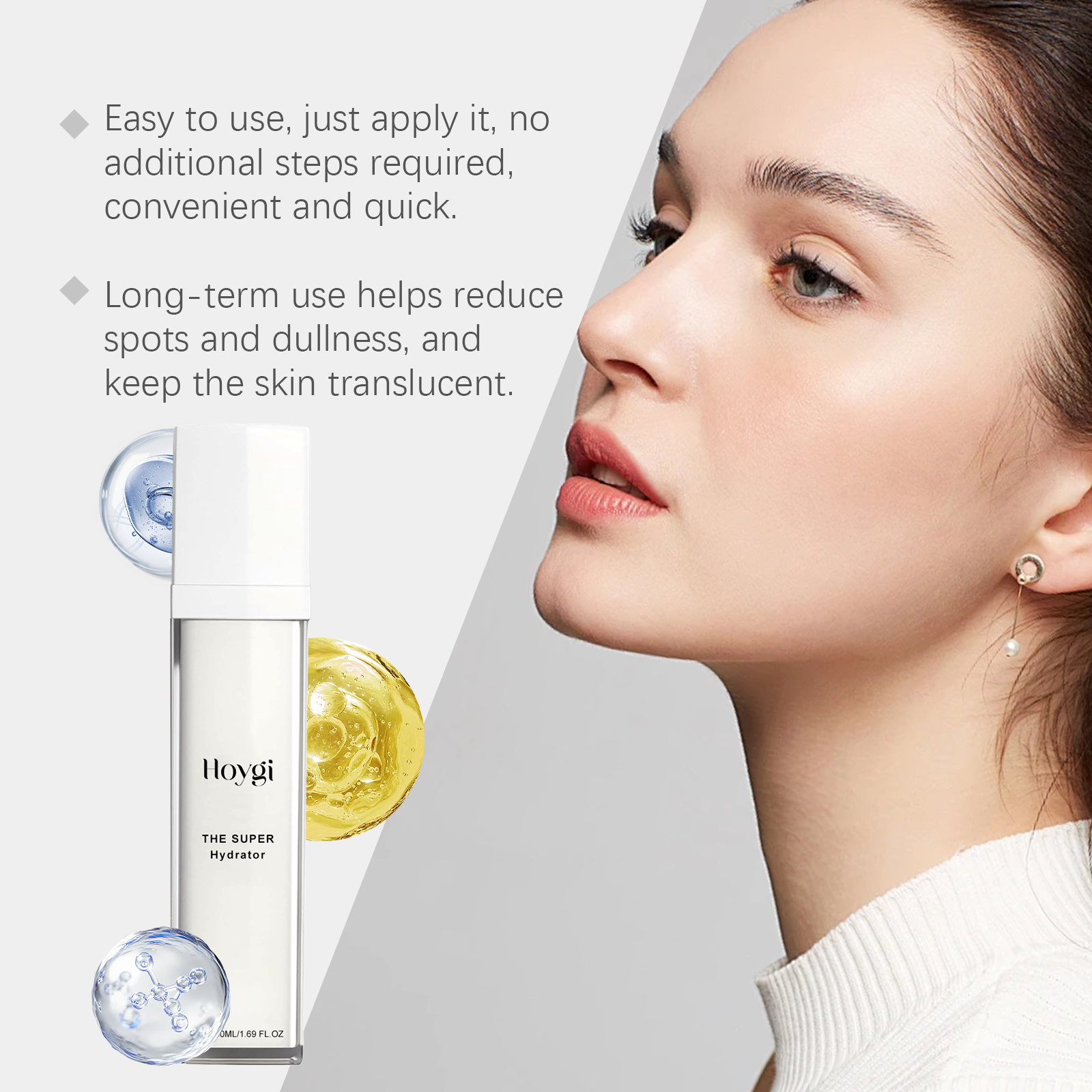 Essence bottle beside even-looking facial complexion