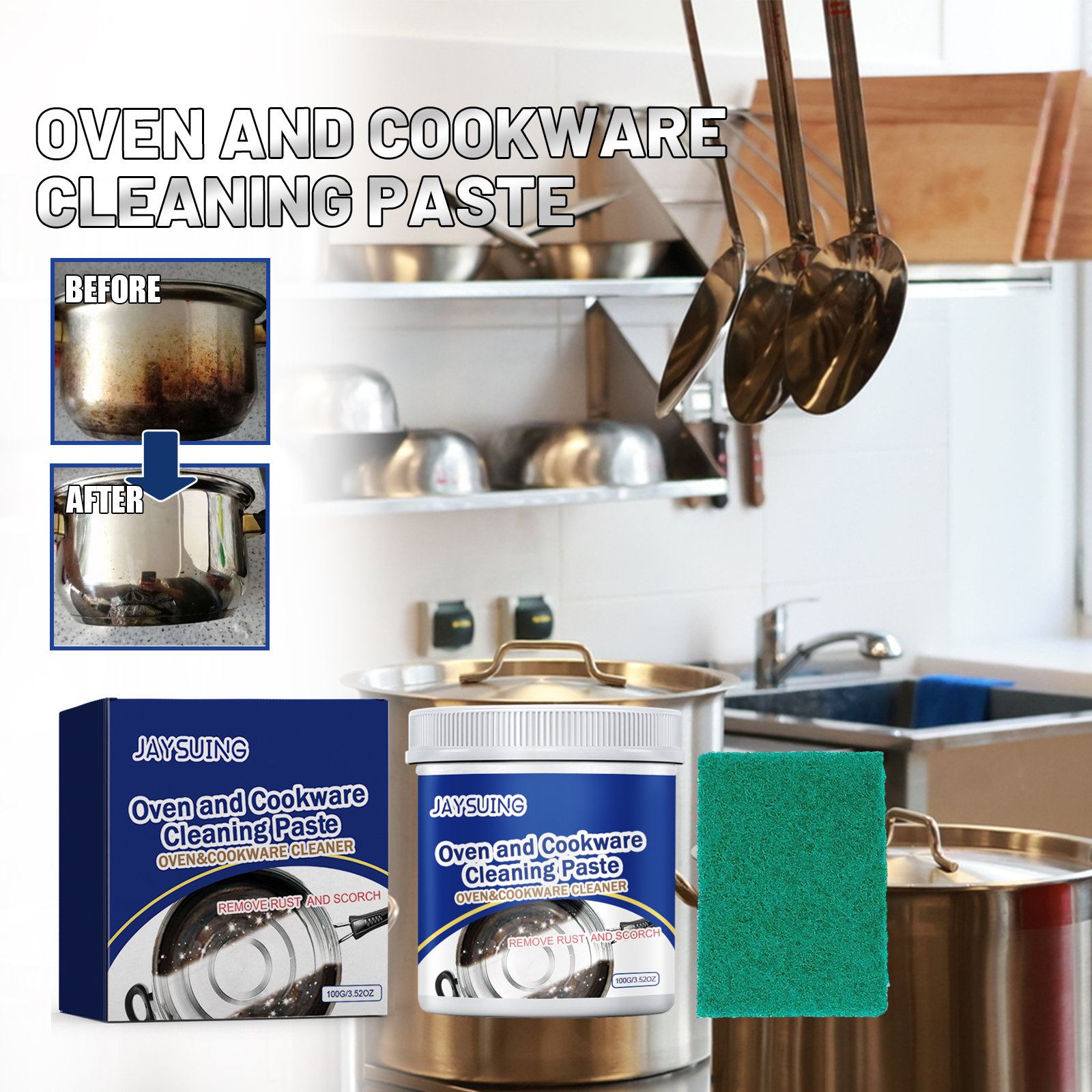 Teal sponge and cleaning paste beside cookware