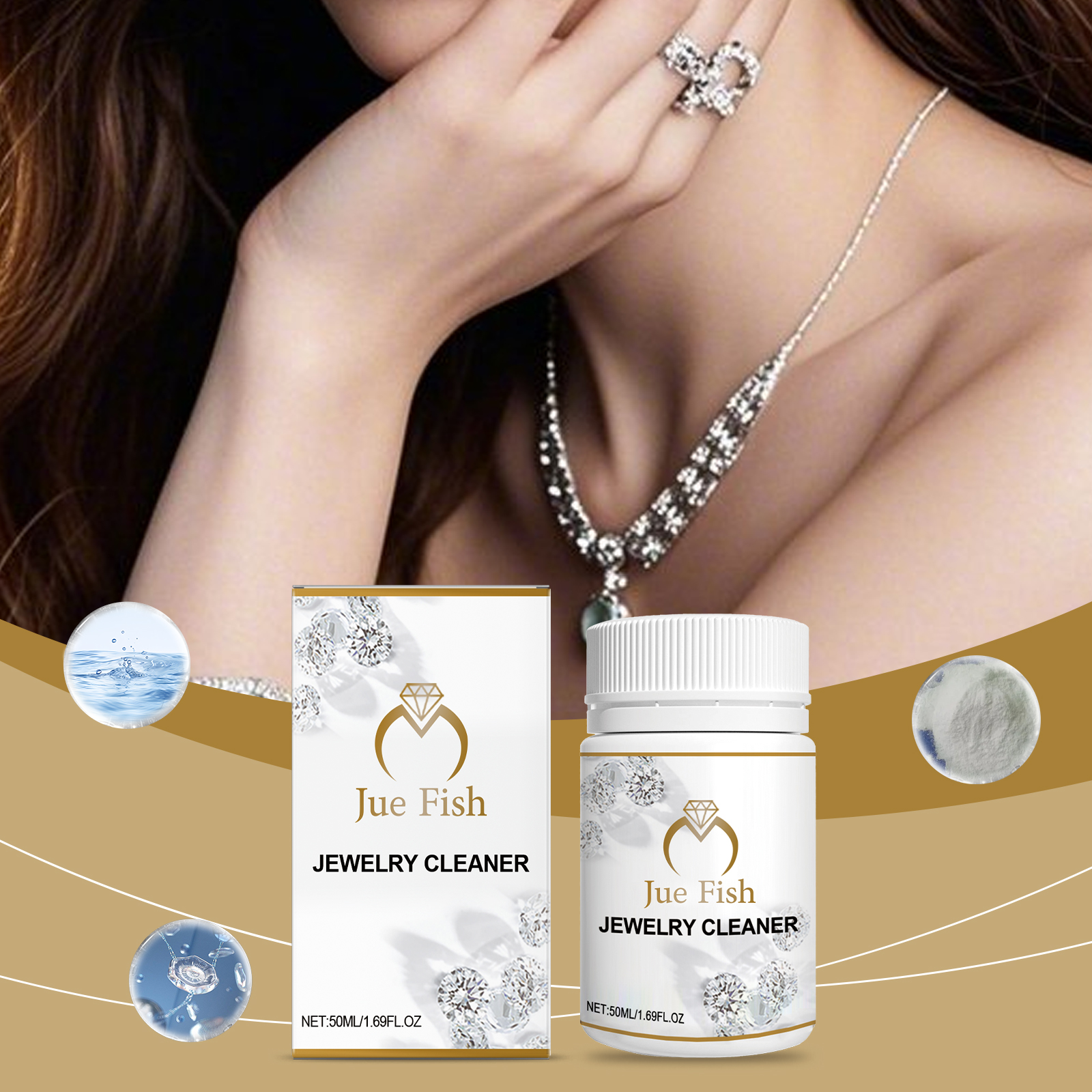 Compact jewelry cleaner beside worn necklace
