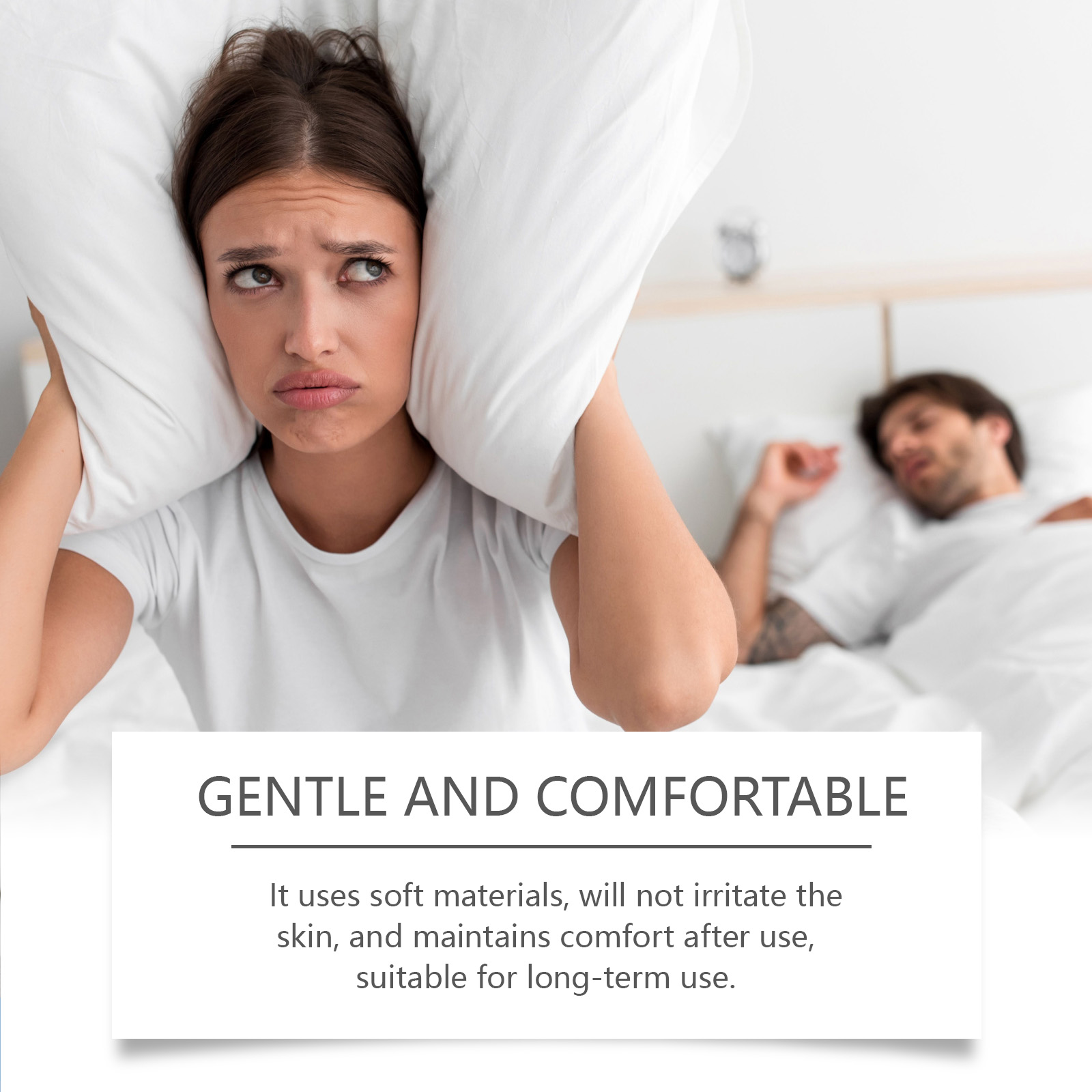 Woman frustrated by partner's snoring, illustrating the sleep disruption problem.