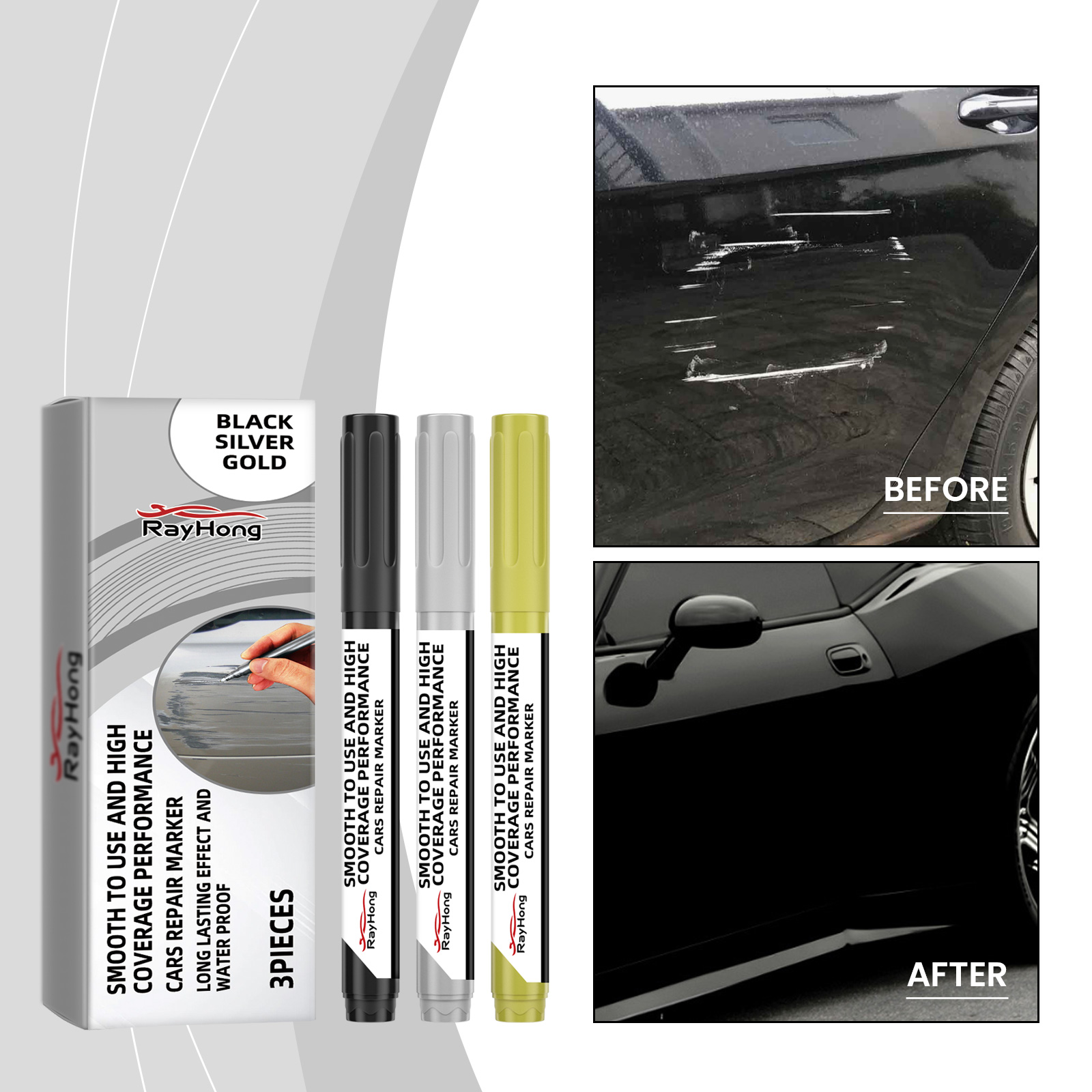 Before and after scratched black car panel repair