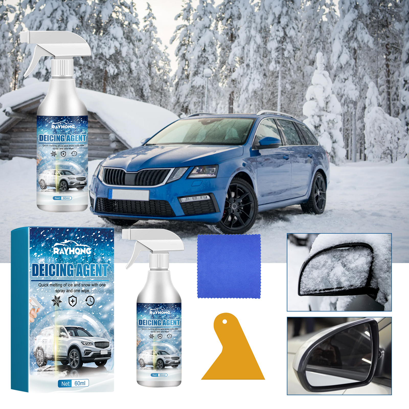 Deicing spray kit shown beside a snowy blue vehicle