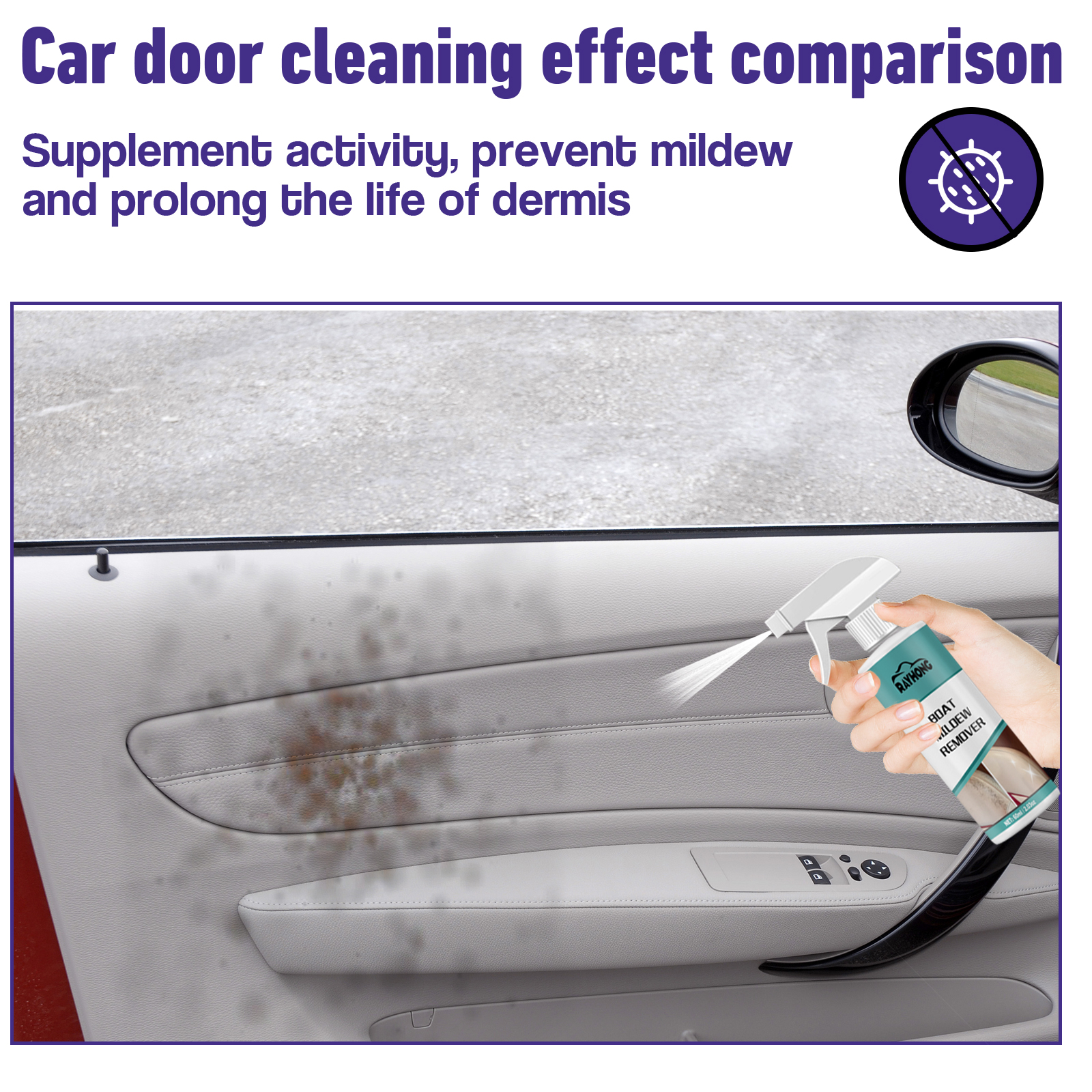 Mildew remover applied to a car door panel