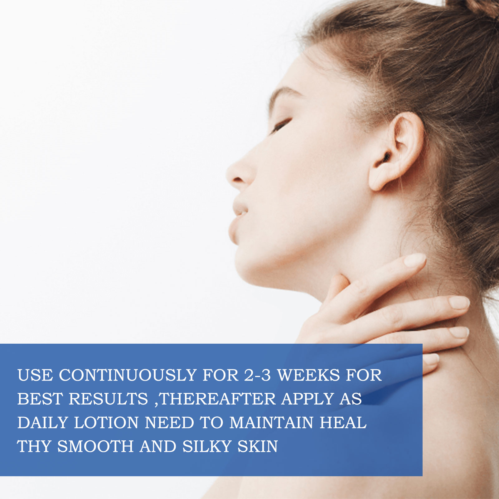 Woman touching smooth-looking skin beside usage guidance
