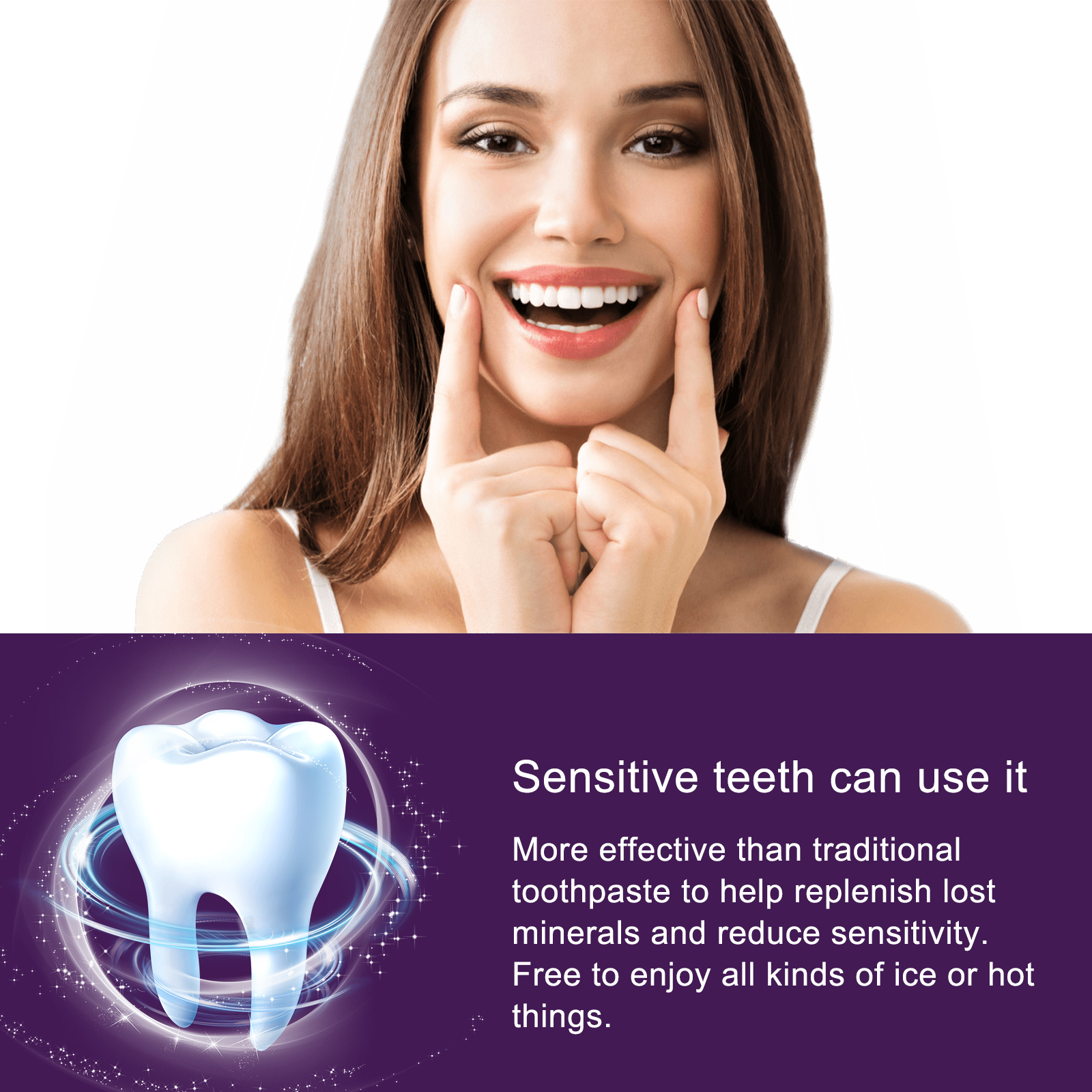 Purple toothpaste beside visual sensitive-teeth messaging