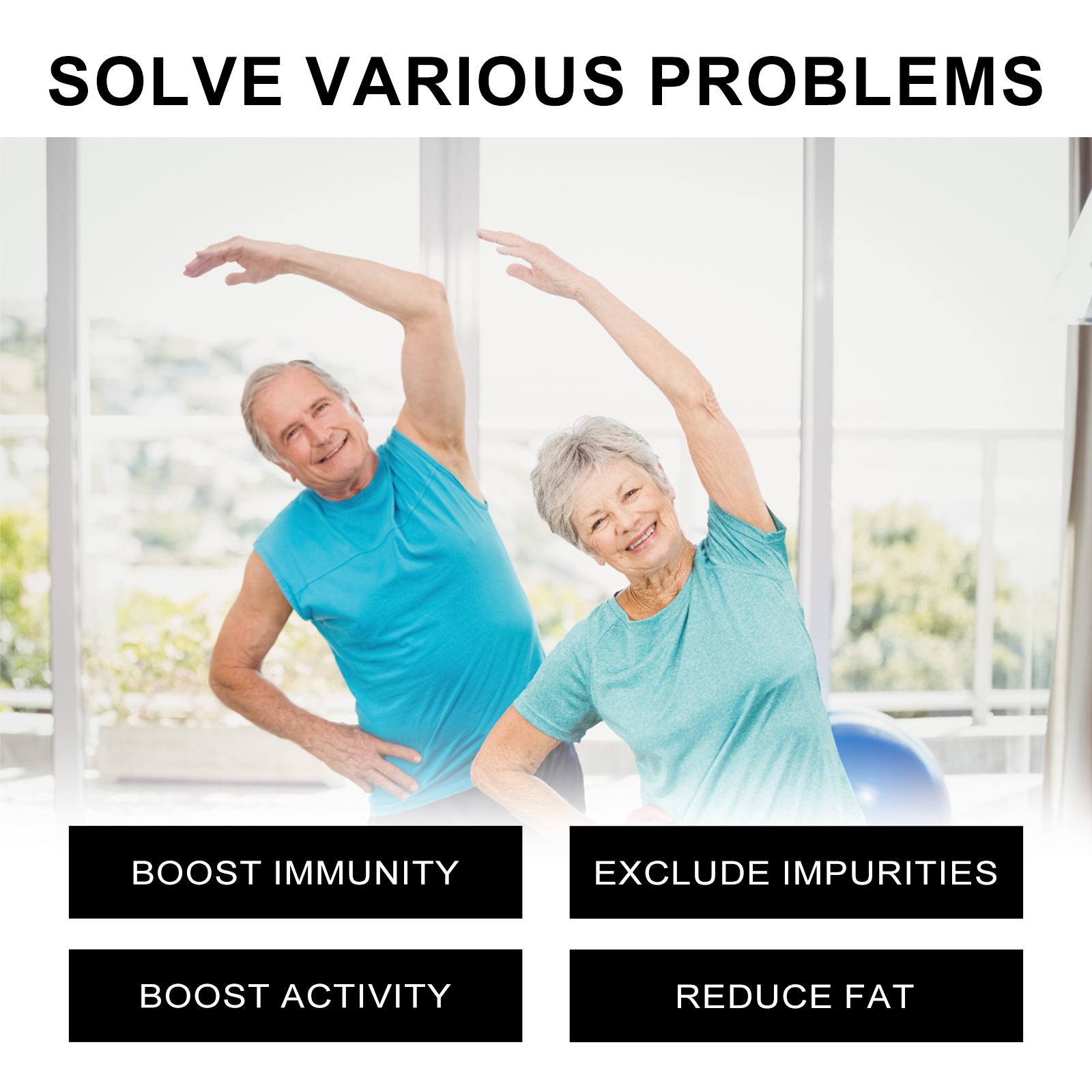 Active senior couple performing side stretches with multiple benefit icons around them