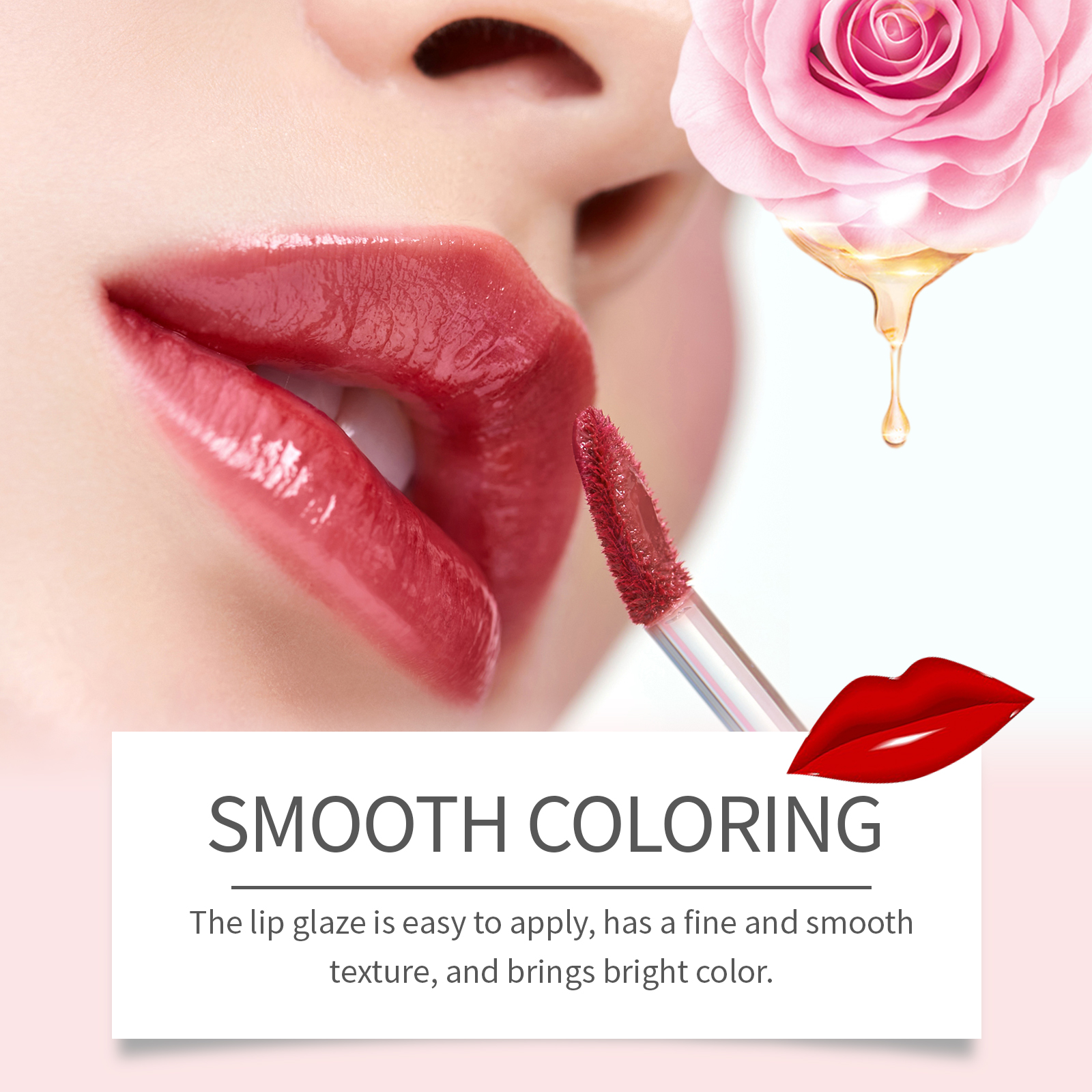 Glossy red lips beside smooth glaze applicator