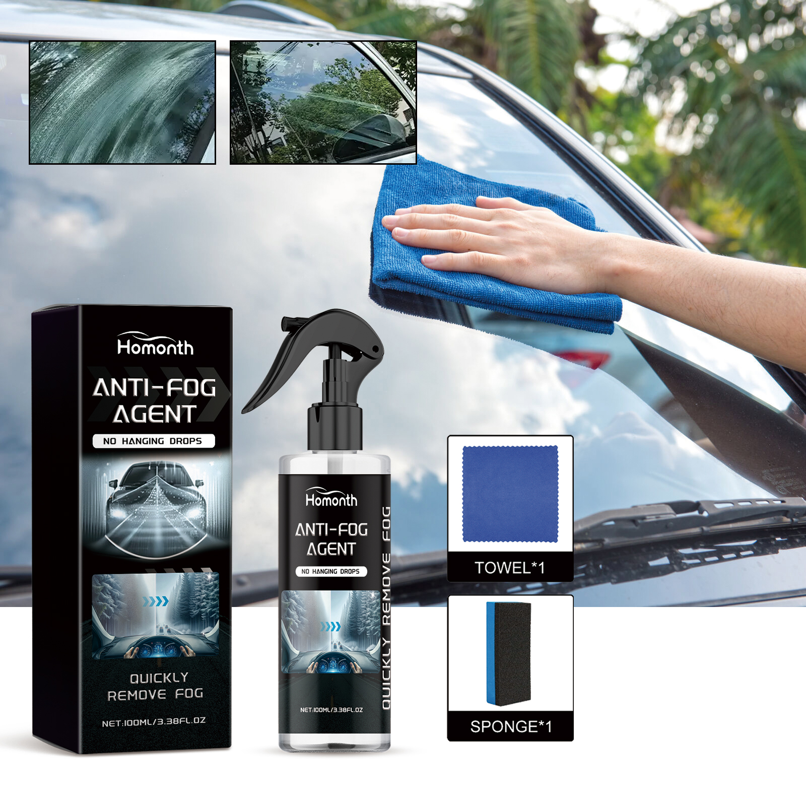 Blue microfiber towel wiping treated car windshield
