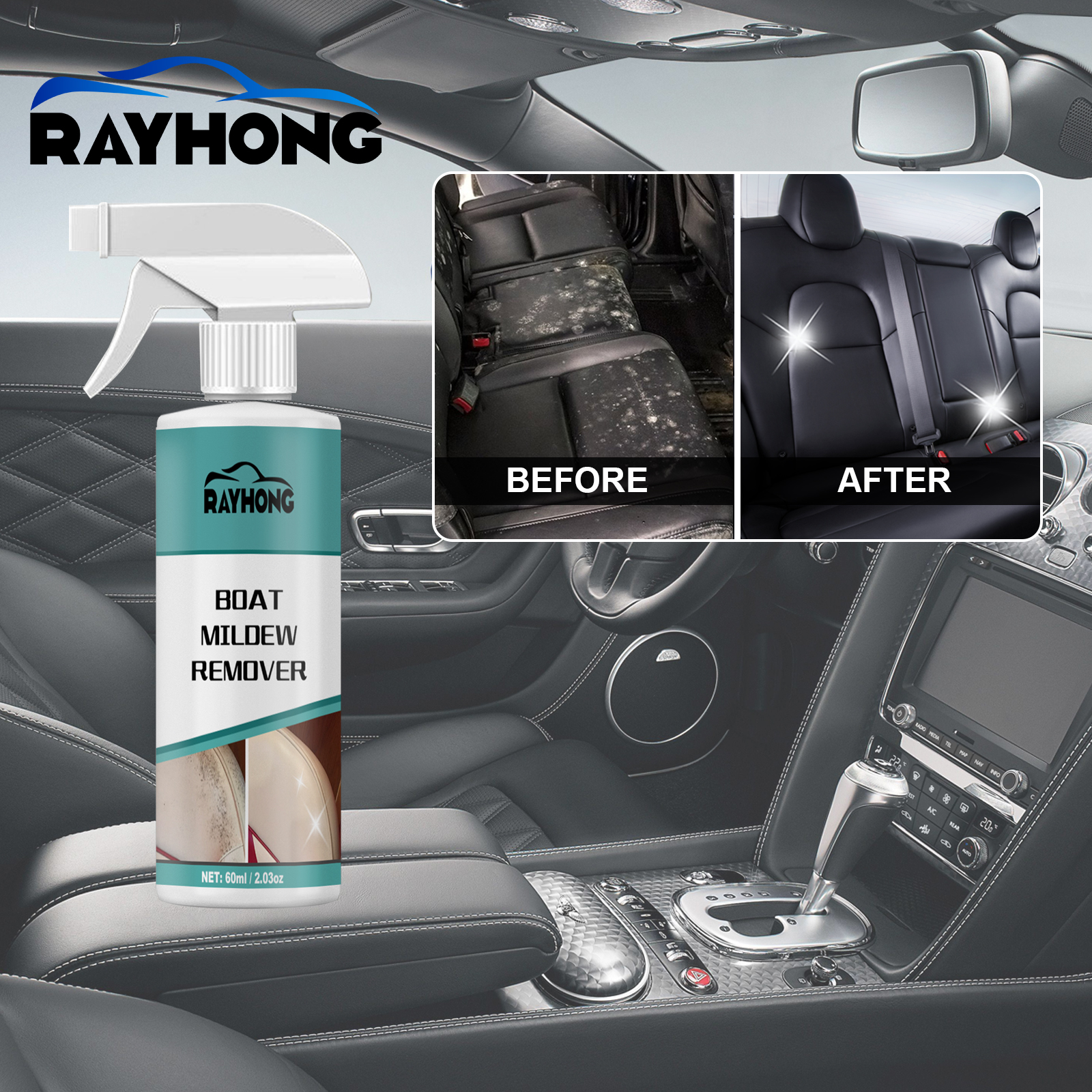 Before-and-after mildew cleaning on vehicle upholstery