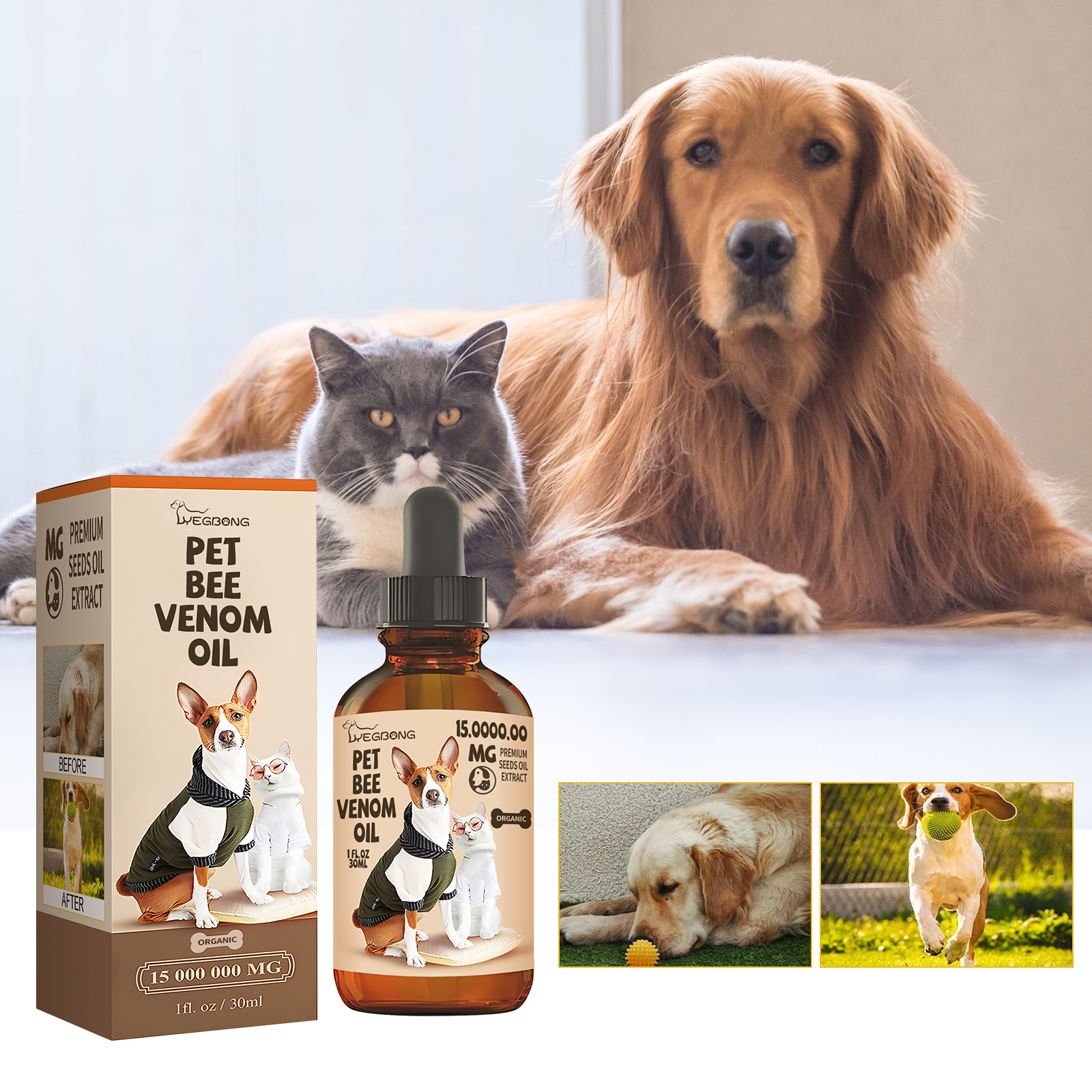 Amber bottle and carton beside cat and dog companions