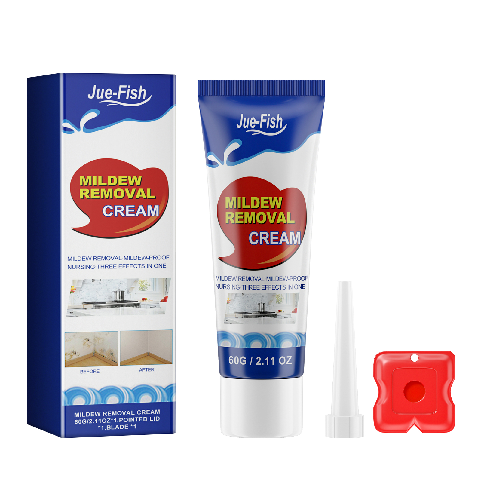 Pointed applicator beside blue mildew cream tube
