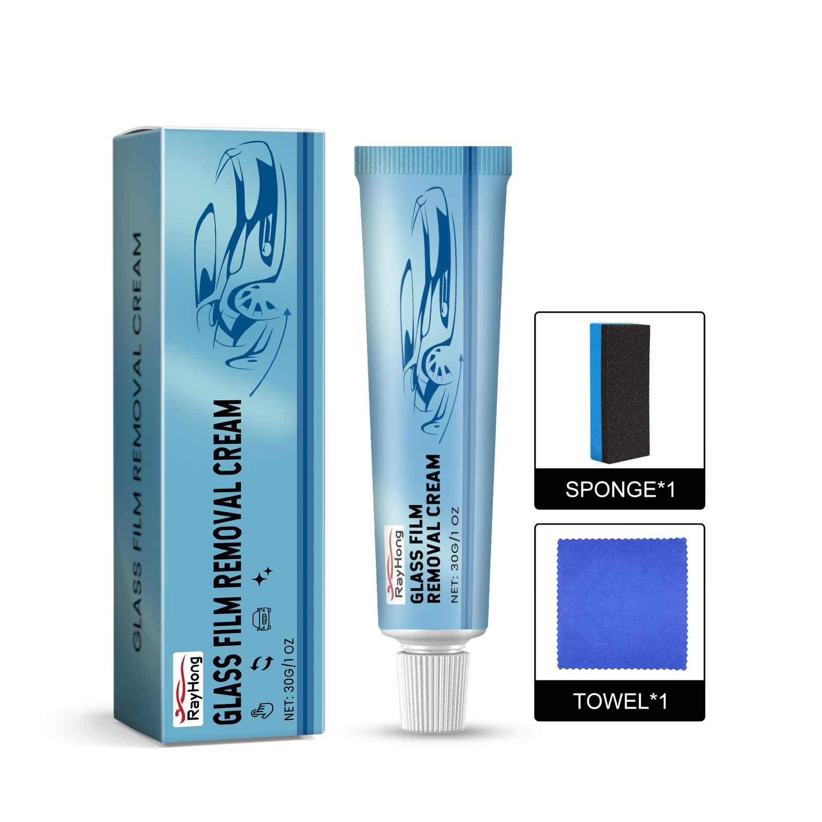 Blue cleaner carton with sponge and towel accessories