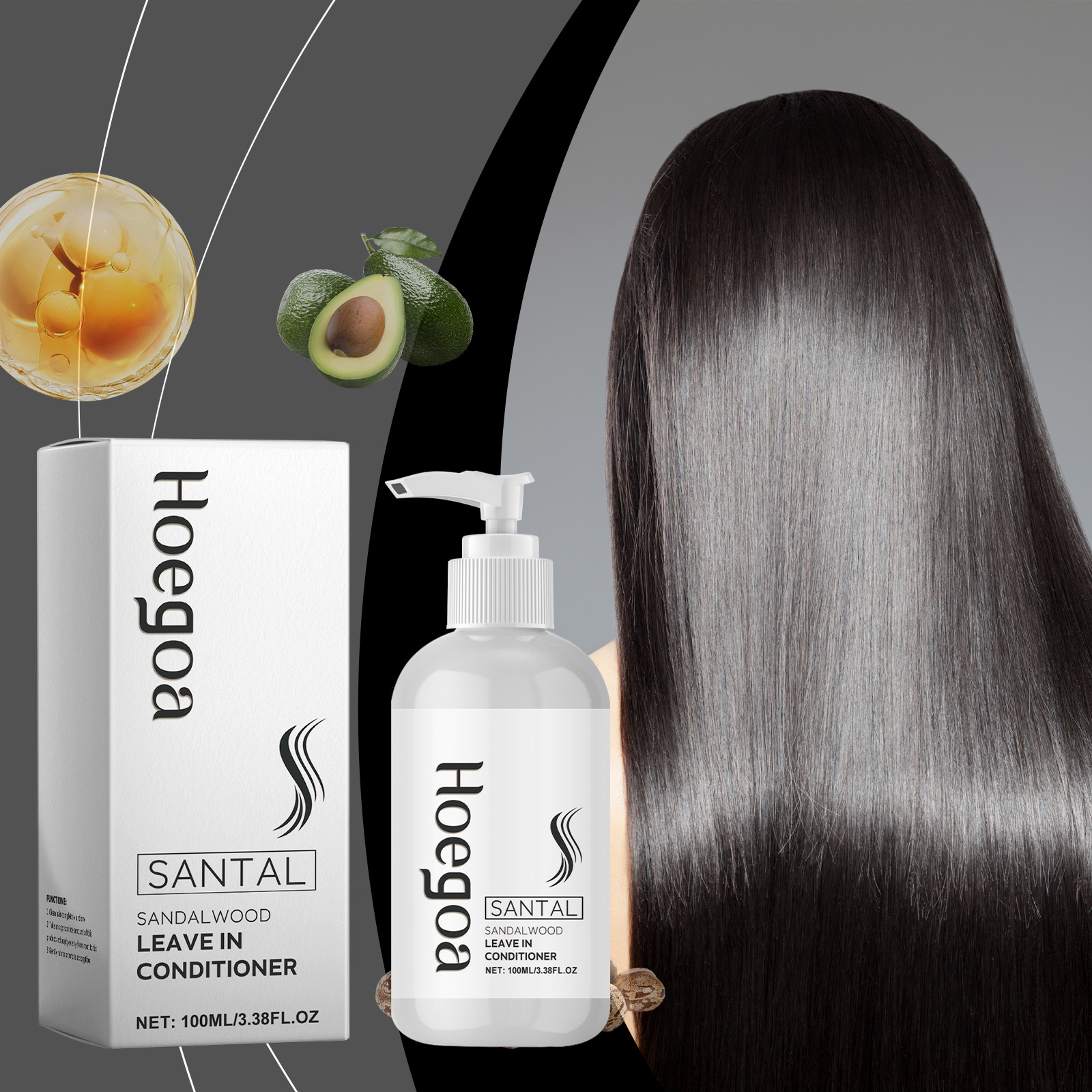 Botanical conditioner display beside glossy long hair