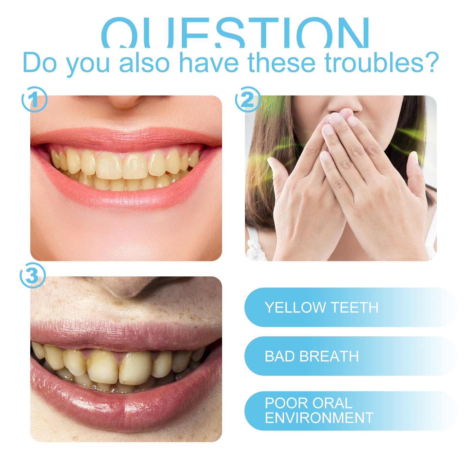 Oral care concerns shown in a bright toothpaste graphic