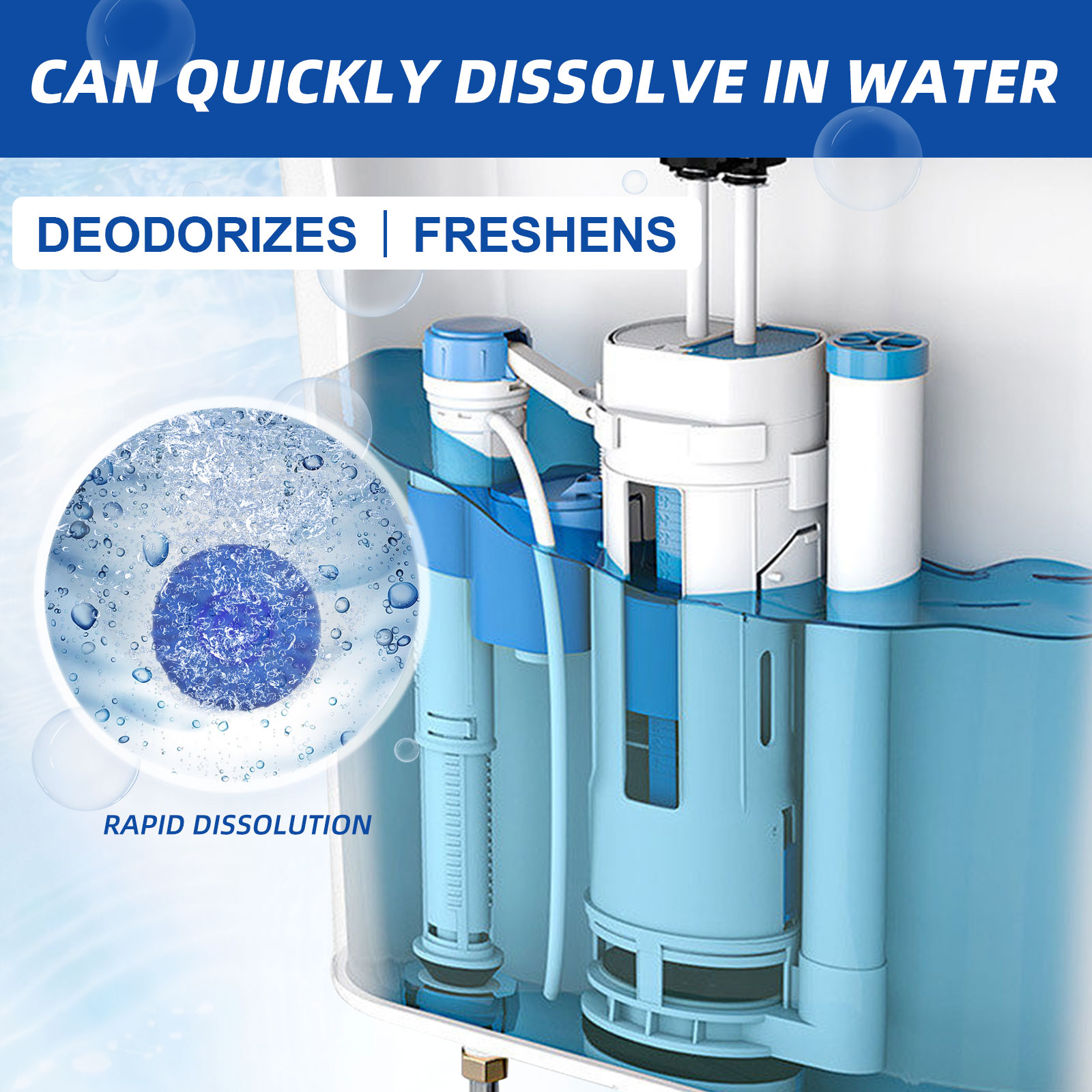 Blue cleaner dissolving inside a toilet tank mechanism