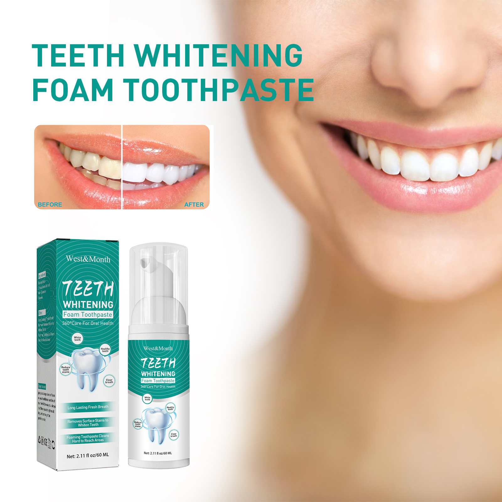 Smiling person beside foam toothpaste whitening presentation