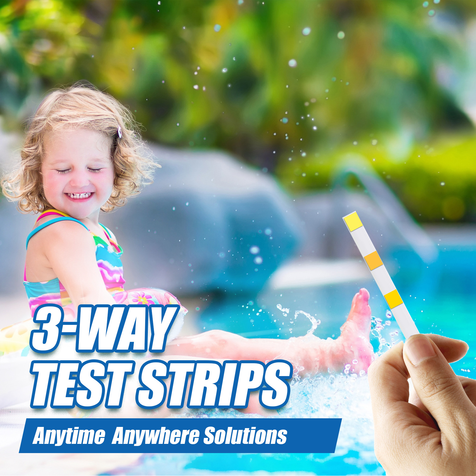 Water test strip held beside a family swimming pool